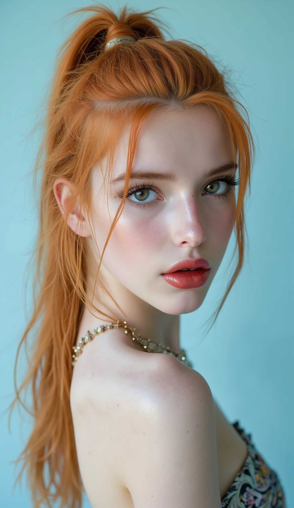 Beautiful albino woman with bright blue eyes, long straigt ginger hair with a ponytail bind up, light turqouse plane background , porcelain skin , Ultra detaild skin, photo ultra-realistic, hyper-detailed , Vogue photo shoot , cinematic, big limps with glossy pink lipstick
