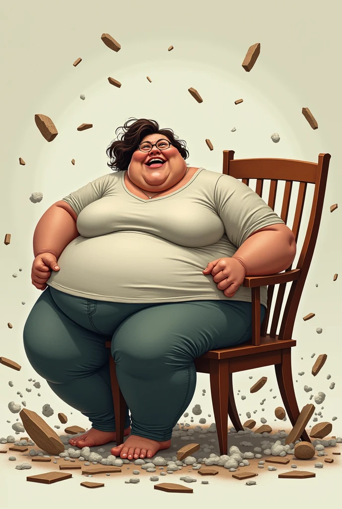 A fat woman has a rope tied around her neck, and that rope is tied to a ceiling fan, and the ceiling fan has fallen on the ground, and that fat woman is sitting on the table 3d carton