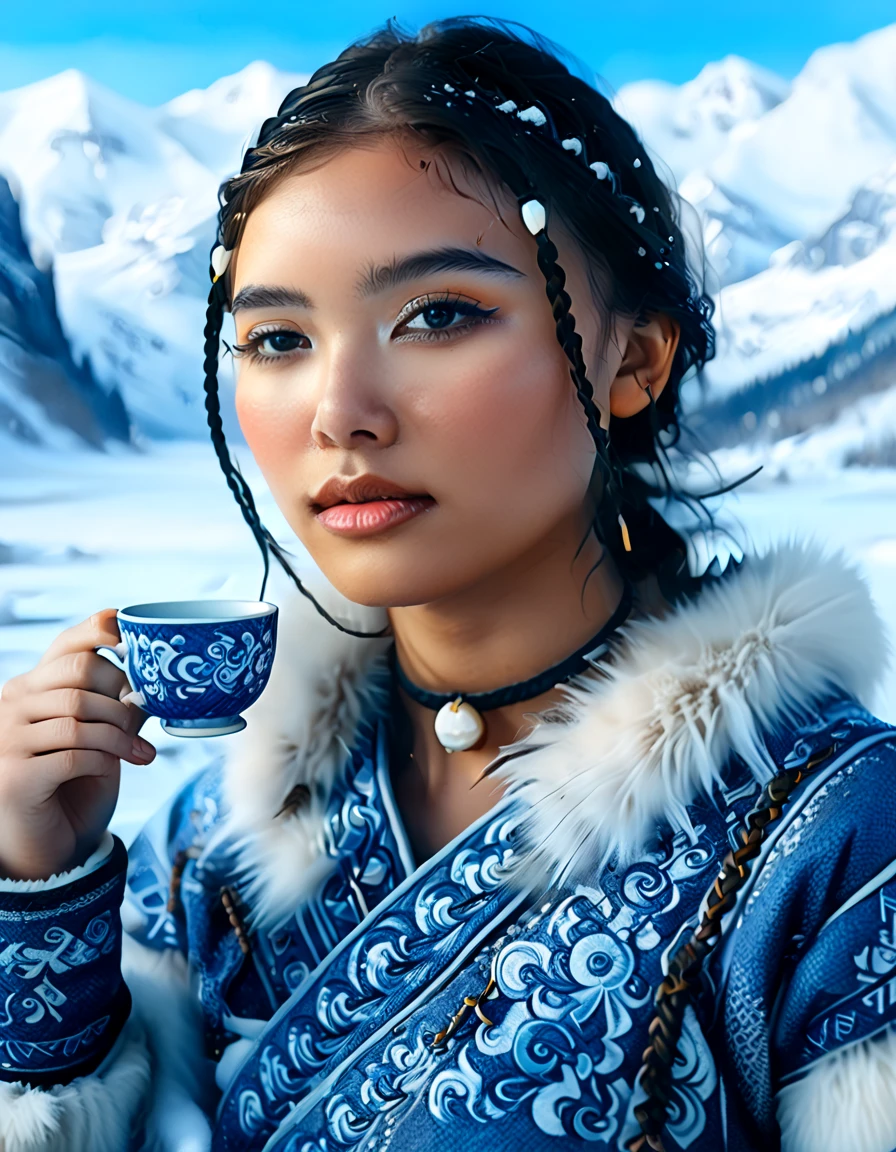 1 woman, Katara from Avatar: The Last Airbender, highly detailed, realistic, full-body portrait, ((anime style)), (tools: tea cup, traditional waterbender artifacts), ((home setting, North Pole, snowy environment, snow-covered mountains, winter weather, water), standing confidently), (illustration by Artgerm, with a sense of realism:1.4), (perfect lighting, cinematic, lens flare, high contrast), (highlighted collar with intricate details), ((blue eyes:1.2)), (dark skin:1.5, glowing in winter light), (realistic textures, perfect anatomy), ((almond-shaped eyes reflecting Asian influences, vibrant blue, highly detailed, sparkling)), ((braids in the front, long lower braid, perfectly styled)), (detailed face, oval face, symmetrical facial features, seductive expression), ((Peach breasts)), ((heart-shaped butt)), ((thick thighs:1.2)), ((big ass)), ((cleavage)), (she’s sitting, enjoying tea in a traditional setting), (highly detailed background:1.2, snow-covered landscape with a clear sky, icy mountains, intricate home decor in the North Pole), (masterpiece illustration, high-quality details:1.4), (perfect body structure, realistic and symmetrical), (perfect hands, fingers, legs, feet, highly detailed), (amazing lighting, 3-point lighting setup, soft shadows), (close-up:1.2), (custom modern and sophisticated design, UHD, realistic textures), ((tribal water tribe clothing with fur dress)), ((depth of field: average, f/2.0)), ((camera angle: 3/4 view, 24mm wide-angle lens)), (high-definition portrait with stunning details). --ar 4:5
