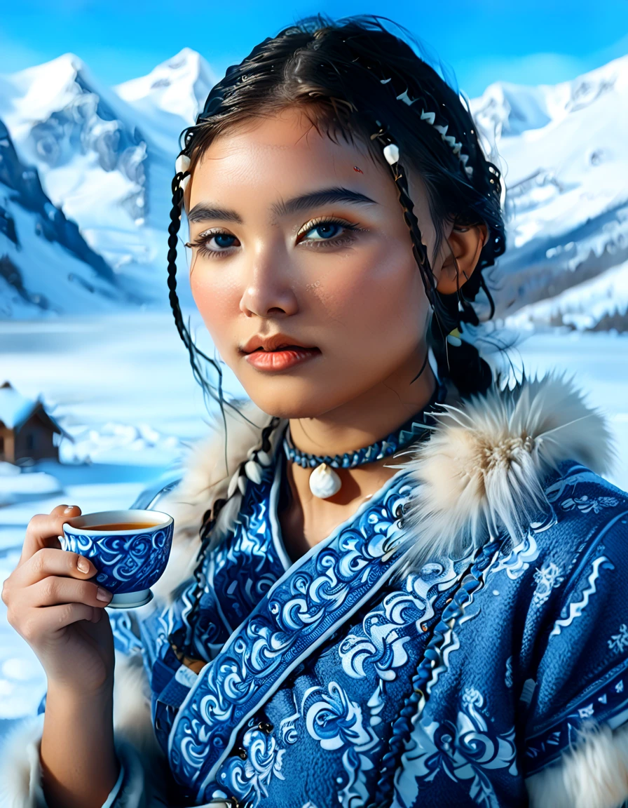 1 woman, Katara from Avatar: The Last Airbender, highly detailed, realistic, full-body portrait, ((anime style)), (tools: tea cup, traditional waterbender artifacts), ((home setting, North Pole, snowy environment, snow-covered mountains, winter weather, water), standing confidently), (illustration by Artgerm, with a sense of realism:1.4), (perfect lighting, cinematic, lens flare, high contrast), (highlighted collar with intricate details), ((blue eyes:1.2)), (dark skin:1.5, glowing in winter light), (realistic textures, perfect anatomy), ((almond-shaped eyes reflecting Asian influences, vibrant blue, highly detailed, sparkling)), ((braids in the front, long lower braid, perfectly styled)), (detailed face, oval face, symmetrical facial features, seductive expression), ((Peach breasts)), ((heart-shaped butt)), ((thick thighs:1.2)), ((big ass)), ((cleavage)), (she’s sitting, enjoying tea in a traditional setting), (highly detailed background:1.2, snow-covered landscape with a clear sky, icy mountains, intricate home decor in the North Pole), (masterpiece illustration, high-quality details:1.4), (perfect body structure, realistic and symmetrical), (perfect hands, fingers, legs, feet, highly detailed), (amazing lighting, 3-point lighting setup, soft shadows), (close-up:1.2), (custom modern and sophisticated design, UHD, realistic textures), ((tribal water tribe clothing with fur dress)), ((depth of field: average, f/2.0)), ((camera angle: 3/4 view, 24mm wide-angle lens)), (high-definition portrait with stunning details). --ar 4:5
