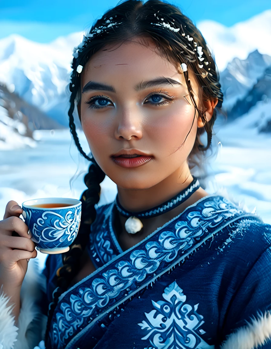 1 woman, Katara from Avatar: The Last Airbender, highly detailed, realistic, full-body portrait, ((anime style)), (tools: tea cup, traditional waterbender artifacts), ((home setting, North Pole, snowy environment, snow-covered mountains, winter weather, water), standing confidently), (illustration by Artgerm, with a sense of realism:1.4), (perfect lighting, cinematic, lens flare, high contrast), (highlighted collar with intricate details), ((blue eyes:1.2)), (dark skin:1.5, glowing in winter light), (realistic textures, perfect anatomy), ((almond-shaped eyes reflecting Asian influences, vibrant blue, highly detailed, sparkling)), ((braids in the front, long lower braid, perfectly styled)), (detailed face, oval face, symmetrical facial features, seductive expression), ((Peach breasts)), ((heart-shaped butt)), ((thick thighs:1.2)), ((big ass)), ((cleavage)), (she’s sitting, enjoying tea in a traditional setting), (highly detailed background:1.2, snow-covered landscape with a clear sky, icy mountains, intricate home decor in the North Pole), (masterpiece illustration, high-quality details:1.4), (perfect body structure, realistic and symmetrical), (perfect hands, fingers, legs, feet, highly detailed), (amazing lighting, 3-point lighting setup, soft shadows), (close-up:1.2), (custom modern and sophisticated design, UHD, realistic textures), ((tribal water tribe clothing with fur dress)), ((depth of field: average, f/2.0)), ((camera angle: 3/4 view, 24mm wide-angle lens)), (high-definition portrait with stunning details). --ar 4:5
