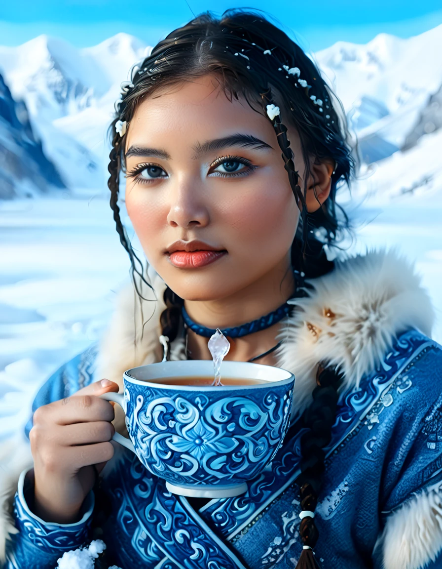 1 woman, Katara from Avatar: The Last Airbender, highly detailed, realistic, full-body portrait, ((anime style)), (tools: tea cup, traditional waterbender artifacts), ((home setting, North Pole, snowy environment, snow-covered mountains, winter weather, water), standing confidently), (illustration by Artgerm, with a sense of realism:1.4), (perfect lighting, cinematic, lens flare, high contrast), (highlighted collar with intricate details), ((blue eyes:1.2)), (dark skin:1.5, glowing in winter light), (realistic textures, perfect anatomy), ((almond-shaped eyes reflecting Asian influences, vibrant blue, highly detailed, sparkling)), ((braids in the front, long lower braid, perfectly styled)), (detailed face, oval face, symmetrical facial features, seductive expression), ((Peach breasts)), ((heart-shaped butt)), ((thick thighs:1.2)), ((big ass)), ((cleavage)), (she’s sitting, enjoying tea in a traditional setting), (highly detailed background:1.2, snow-covered landscape with a clear sky, icy mountains, intricate home decor in the North Pole), (masterpiece illustration, high-quality details:1.4), (perfect body structure, realistic and symmetrical), (perfect hands, fingers, legs, feet, highly detailed), (amazing lighting, 3-point lighting setup, soft shadows), (close-up:1.2), (custom modern and sophisticated design, UHD, realistic textures), ((tribal water tribe clothing with fur dress)), ((depth of field: average, f/2.0)), ((camera angle: 3/4 view, 24mm wide-angle lens)), (high-definition portrait with stunning details). --ar 4:5
