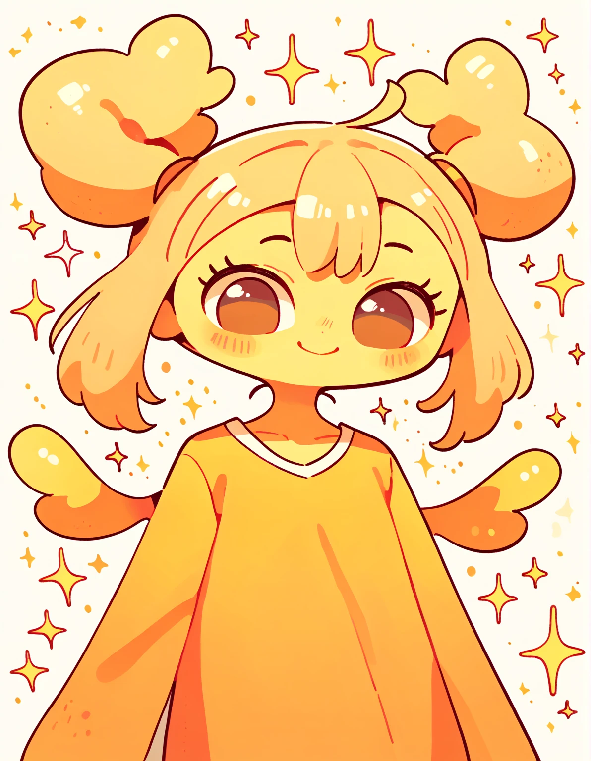 score_9, score_8_up, score_7_up, source_cartoon, 1girl, solo, pennyshellless, yellow skin, brown eyes, two horns, two wings, no fingers, blonde hair, twin ponytails, dress, tall girl, smile, sparkle in the eyes, cute, blush, happy