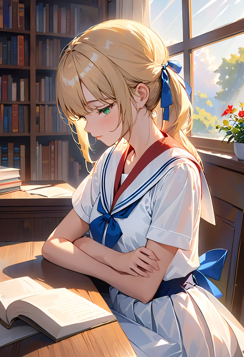 ((Masterpiece, best quality ,  high definition)),  from the side 1 girl , Alone,  green eyes, Her long blonde hair is tied with a blue ribbon, blunt bangs ,  sitting ,  cross my arms on the table , Sleeping with arms crossed,  school uniform, White sailor suit,  red sailor collar ,   short sleeve with wrap around the neck,  white pleated skirt, ( in the library ), Dramatic light,  by the window , afternoon light through the window, afternoon, Bokeh effect