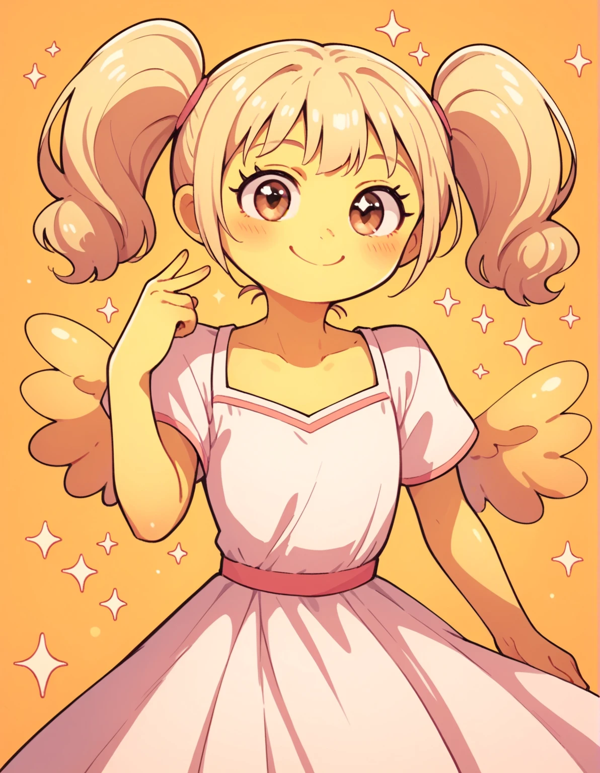 score_9, score_8_up, score_7_up, source_cartoon, 1girl, solo, pennyshellless, yellow skin, brown eyes, two horns, two wings, no fingers, blonde hair, twin ponytails, dress, tall girl, smile, sparkle in the eyes, cute, blush, happy