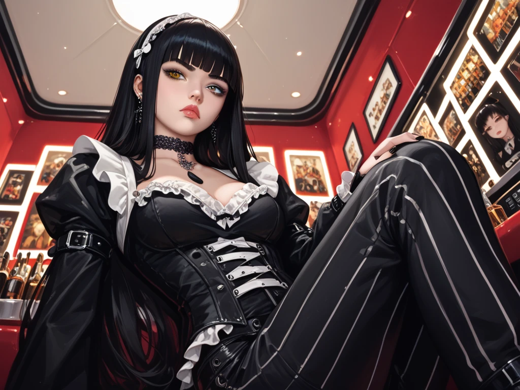 1Girl early twenties, black hair with a Hime Cut, light fair skin, with round eyes, Heterochromia with right brown eye and left brown eye with green flecks, serious expression. Traditional Gothic outfit with pants and with a black plain choker on her neck, slightly lanky and toned body. Medium size breasts. Her sitting in a club booth with one of her legs crossed over the other, 3/4 pose. Low view camera (-45 degree angle). Niji style. High Resolution, Masterpiece, Anatomically Correct. 35mm, Nikon, Bloom. 