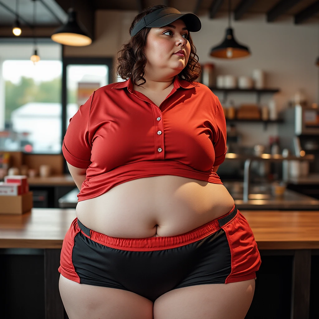 A photo of an obese employee at a burger restaurant, pale skin, fat thighs, wide hips, uniform, tight red button shirt, tight red black shorts, stretch marks,  visor hat