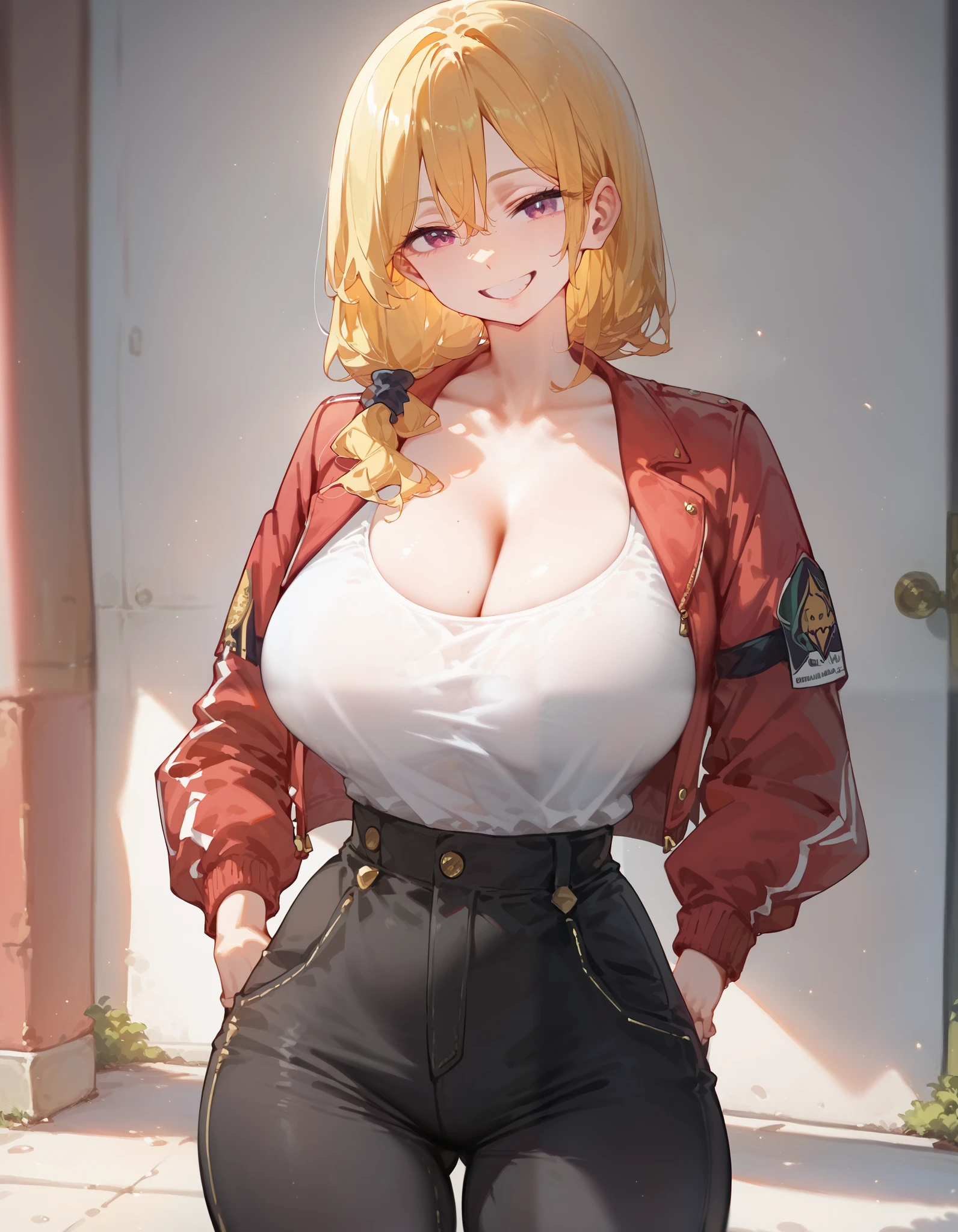 smile、 best quality,  best quality 、 ultra high res against a flat background, 4K,  more details, 、 Alone,, curvy body on the body,  Golden Hair 、whole body、 red jacket 、 black pants、 black inner 、, huge cleavage,