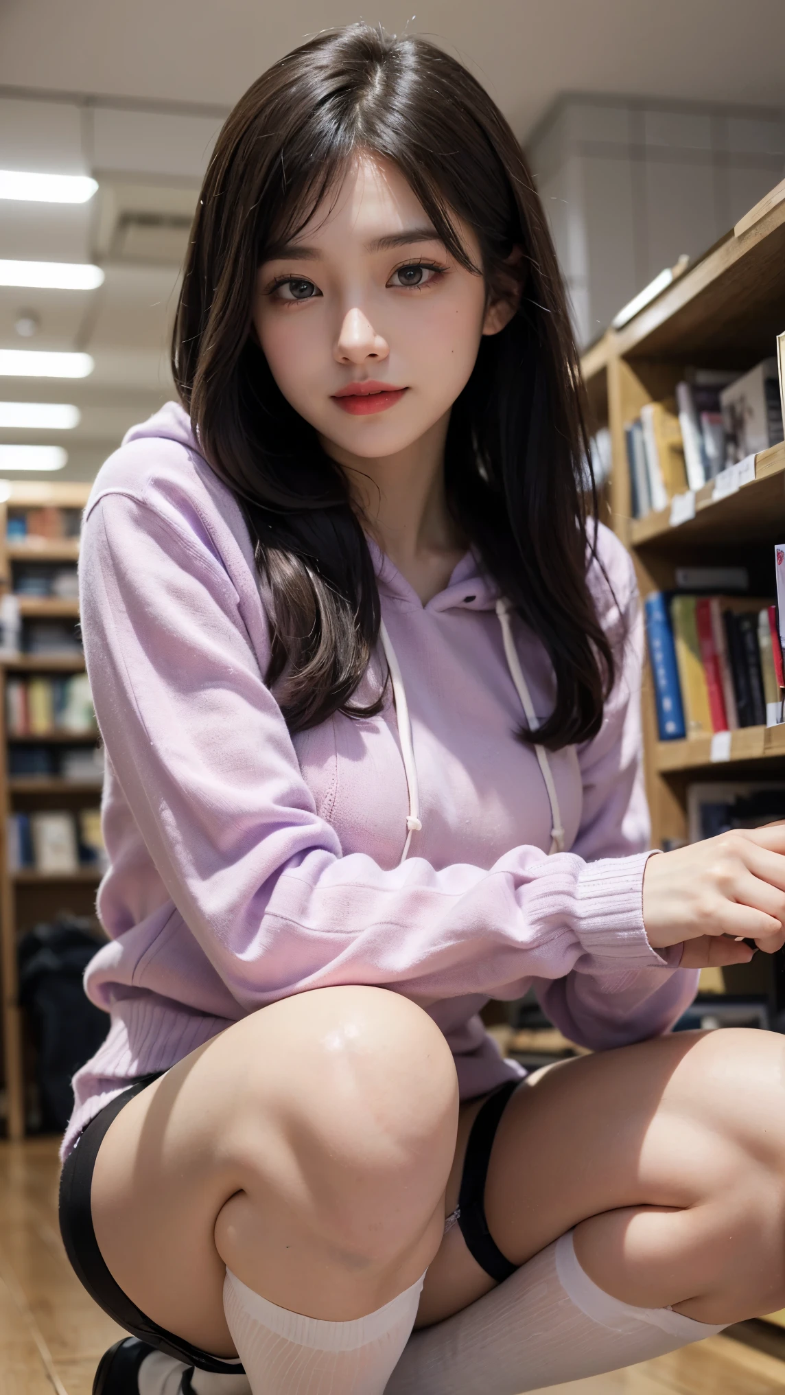 (8k, RAW Photos, highest quality, Tabletop:1.2), (Realistic, Photorealistic:1.4), (Highly detailed 8k wallpaper), Sharp focus, Depth of written boundary, Blur the background, Bokeh, Cinema Lighting, Soft Light, whole body, 1 girl,18 years old famous Japanese idol, Perfect female body, indoor, (Purple hoodie and black micro mini pleated skirt : 1.3), (Long, slender legs), (smile), Glossy lips, Beautiful fine details,Natural Makeup, Shiny, smooth, light brown medium-long hair, Asymmetrical bangs, Shiny skin, Center image, High resolution, Attention to detail, Detailed hairstyle, Detailed face, 素晴らしいCinema Lighting, Octane Rendering, Vibrant, Ultra-realistic, Perfect limbs, Perfect Anatomy