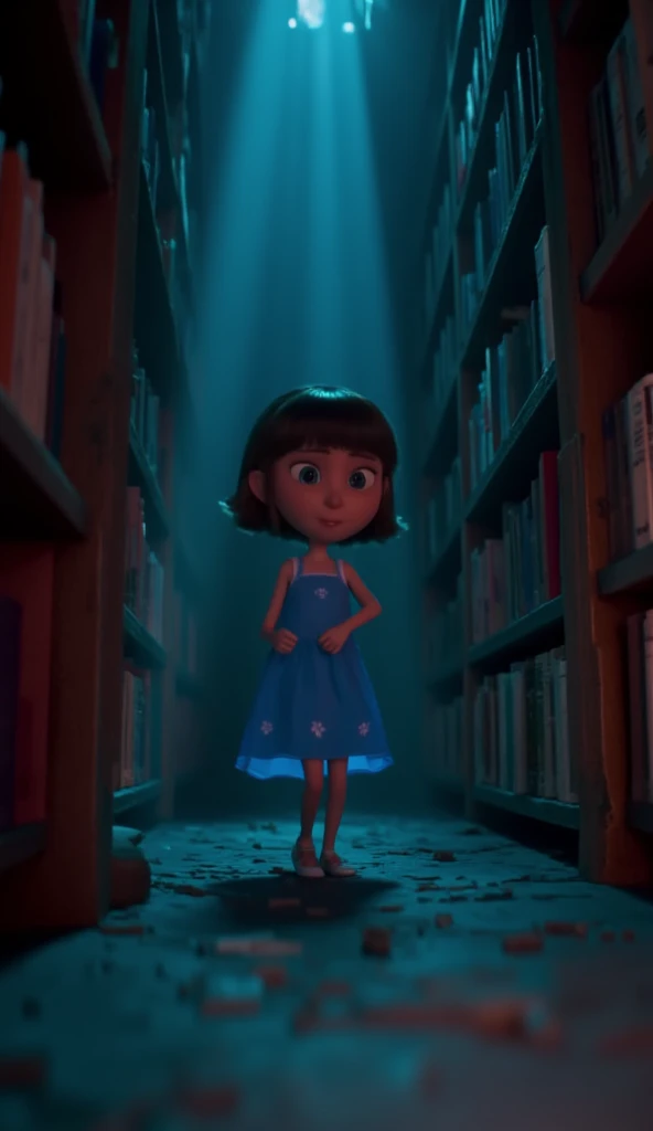 a night, clara, a curious  ,  with short, straight hair wearing a cute blue dress entered the library and heard a voice: