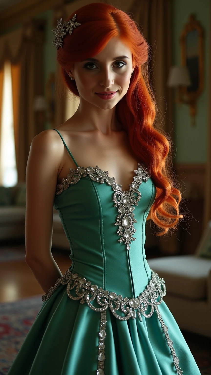 Very Close-up portrait of a demure figure, a teen  in a ariel costume, ornate ball gown, ((18 years old with tiny breasts; Disney princess Ariel costume; glued to the body; beautiful and elegant; tiny breasts; red hair swept to the side))) and piercing gaze, standing in a dimly lit palace room with ornate designs and a high ceiling, with just a hint of early morning sunlight peeking through the windows. She stands firm, hands clasped behind her back, as she gives a slight  smile. The lighting in the room is dim with a lot focus on her tiny breasts