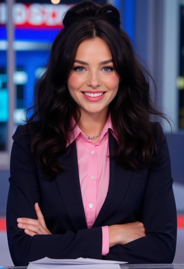 age 18, slim, tall, e-girl, goth girl,( Masterpiece, 4k resolution, ultra-realistic, very detailed) , blue eyes, curly thick black hair, wearing a pink revealing blouse, business suit, smiling, perfect teeth, arms crossed, sitting behind her news desk, news anchor for Fox news, 1800s style hairstyle, hair up, small perky breasts, cute girl, slim bodytype,
