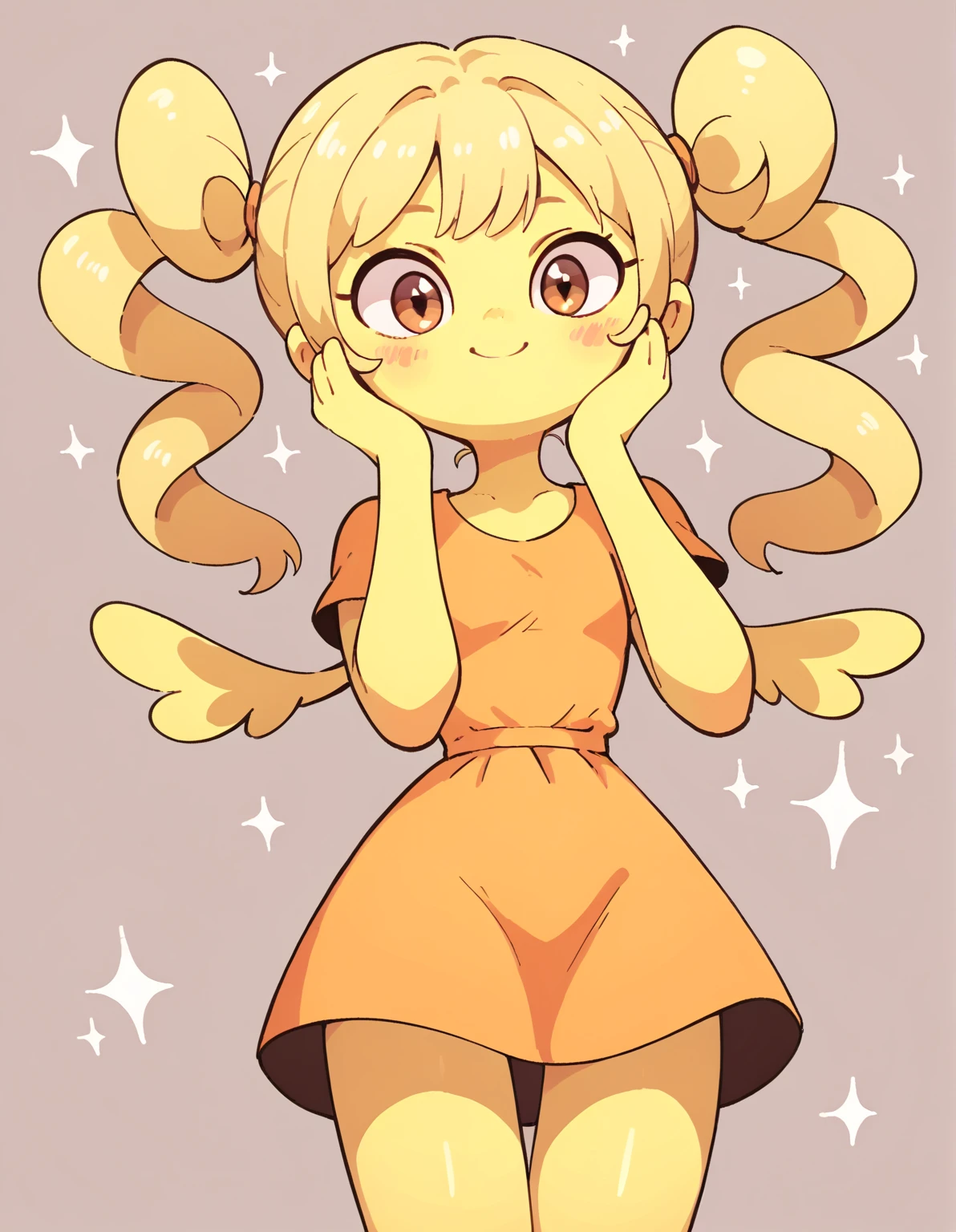 score_9, score_8_up, score_7_up, source_cartoon, 1girl, solo, pennyshellless, yellow skin, brown eyes, two horns, two wings, no fingers, blonde hair, twin ponytails, dress, tall girl, smile, sparkle in the eyes, cute, blush, happy