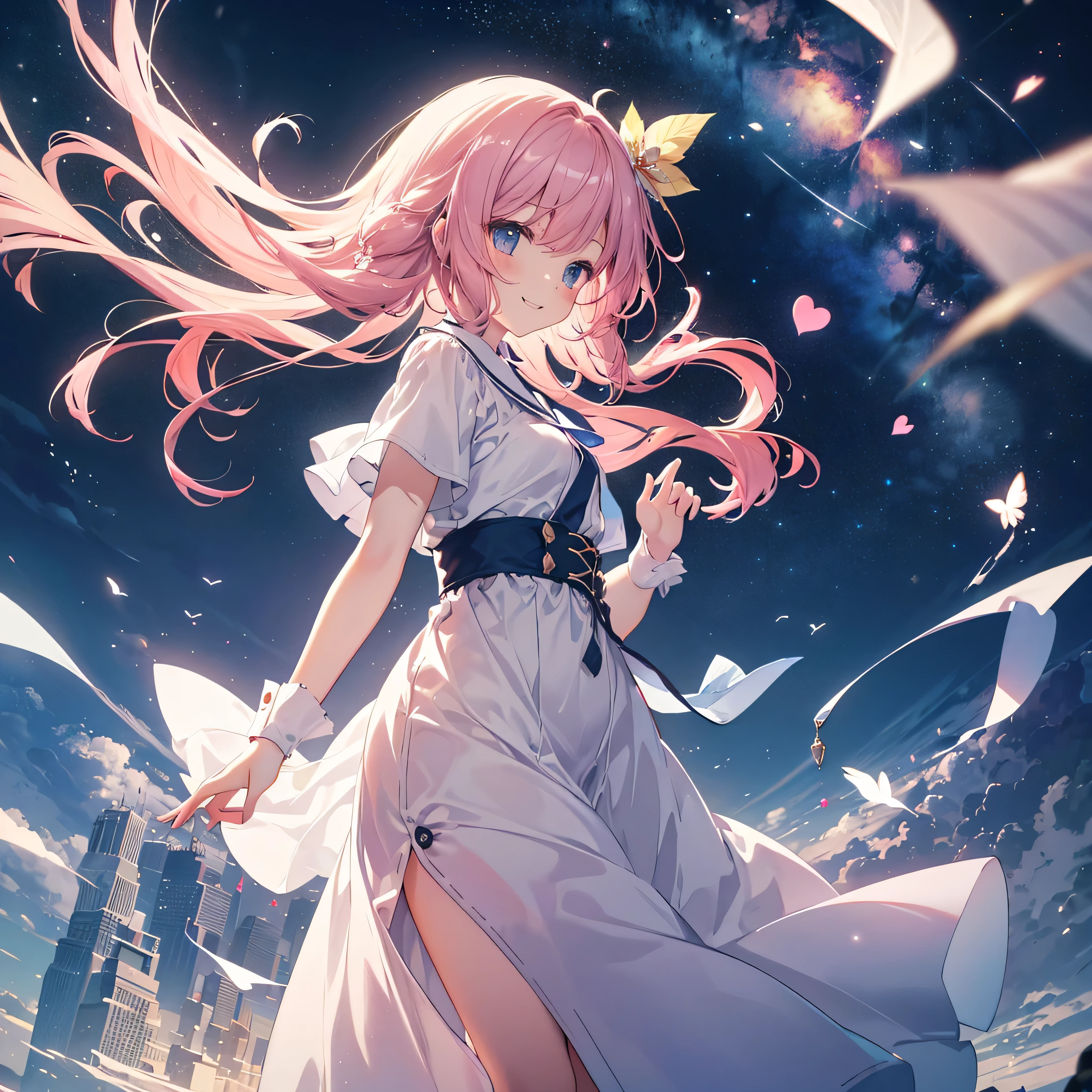 profile， best smile, cute anime pink haired girl、 Dynamic、solo, Long Hair , soft light,(Dreams can always be chased as long as you don't give up, believe in the voice of your heart, let's draw a new world, the courage to move forward one step at a time, and since tomorrow awaits, I welcomed a new morning with a ray of hope in my heart