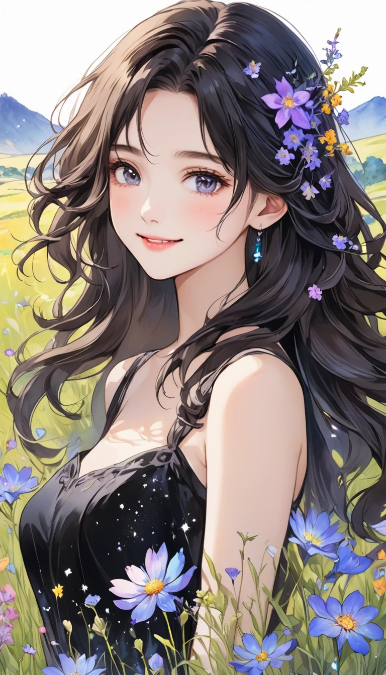   A fusion of ink painting and watercolor painting、 one young girl who can't see the stars、 Very beautiful and orderly face、best black gowns、 wavy hair、Visually beautiful depiction 、smile、grassland、Wildflowers、 bright color、masterpiece、 best quality 、 HD、 detailed illustration art 、