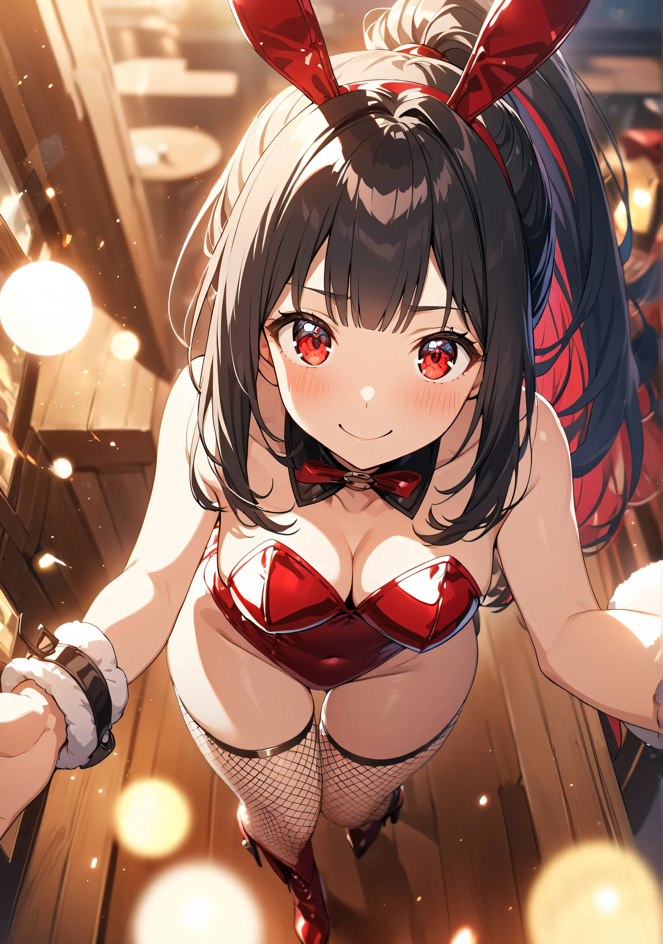 1 girl, Game CG, 
shallow depth of field, a portrait with a soft Gaussian blurred background, creating a dreamy atmosphere, focus on face, 
from above, looking viewer, full body, standing, leaning forward, spread arms, foot up, happy expression, Delighted smile, blush, 

(Black Hair, dark scarlet inner color, straight hair, high band ponytail, Average bangs, Red Eyes, Round eyes , Clear and Innocent eyes,)
happy expression,

(playboy, clear metallic Red Bunny Girl, High leg, Sleeveless, Red bunny ears, bunny cuffs,  Fishnet stockings,  leather knee-length high heel boots, Shine), 

bar, beautiful sunset, 

Firm breasts, High chest, deep cleavage, collarbone, Intricate details, Perfect Contour, camel toe:1.3, Pointed tip of bust,
Lens Flare, Cinematic Light Effects,