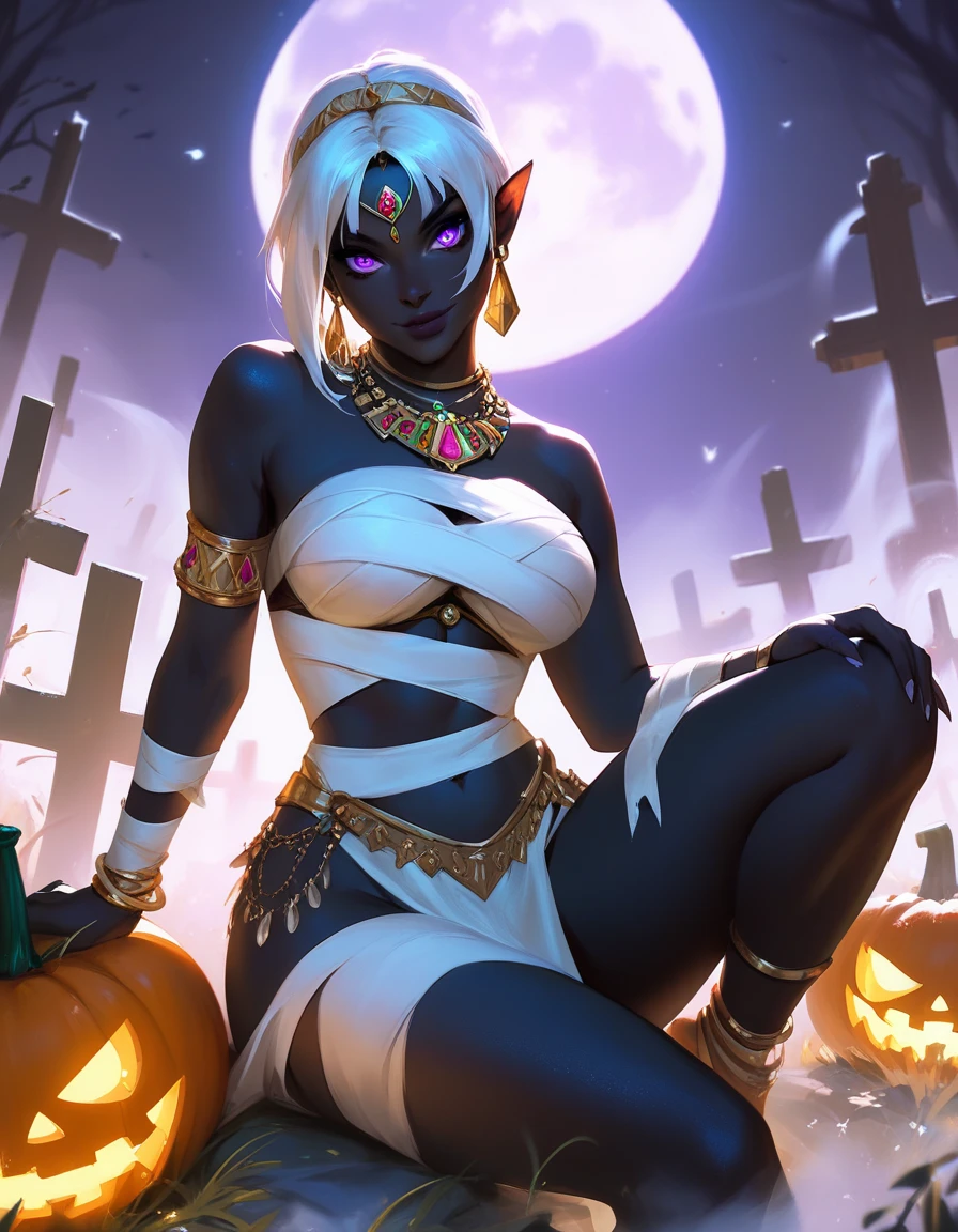 score_9, score_8_up, score_7_up, score_6_up, 1girl, jack-o'-lantern, sitting, between thighs, on thighs,holding, mummy costume, looking at viewer, graveyard, glowing, moon,silhouette, fog, QueenTyra, colored skin, black skin, white hair, purple eyes, no mouth, jewelry, makeup, forehead jewel, necklace, gem, loincloth, bracer, bracelet, Solo, Female
