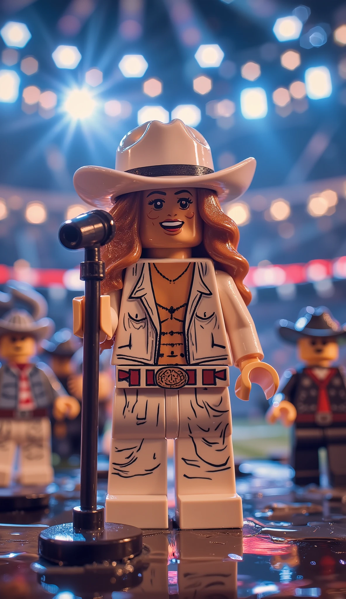 lego style, a cinematic full-body shot the singer Beyoncé wearing a lush sensual white outfit with a white cowboy hat and a microphone in one hand. She is happily singing at the concert in an American football stadium.