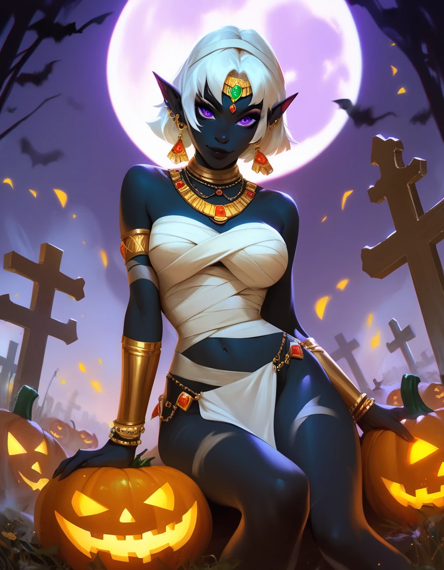 score_9, score_8_up, score_7_up, score_6_up, 1girl, jack-o'-lantern, sitting, between thighs, on thighs,holding, mummy costume, looking at viewer, graveyard, glowing, moon,silhouette, fog, QueenTyra, colored skin, black skin, white hair, purple eyes, no mouth, jewelry, makeup, forehead jewel, necklace, gem, loincloth, bracer, bracelet, Solo, Female
