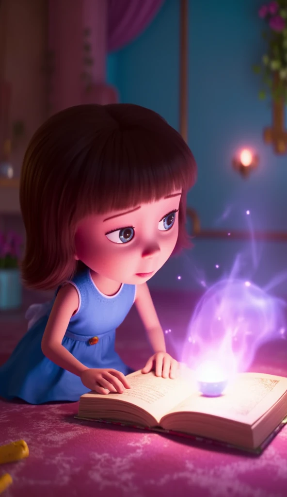 clara,  with straight and short hair, Wearing a cute blue dress she was enchanted and took Lumino the book home.  They spent hours together , But the book ordered :
 — Share my stories with other ren.