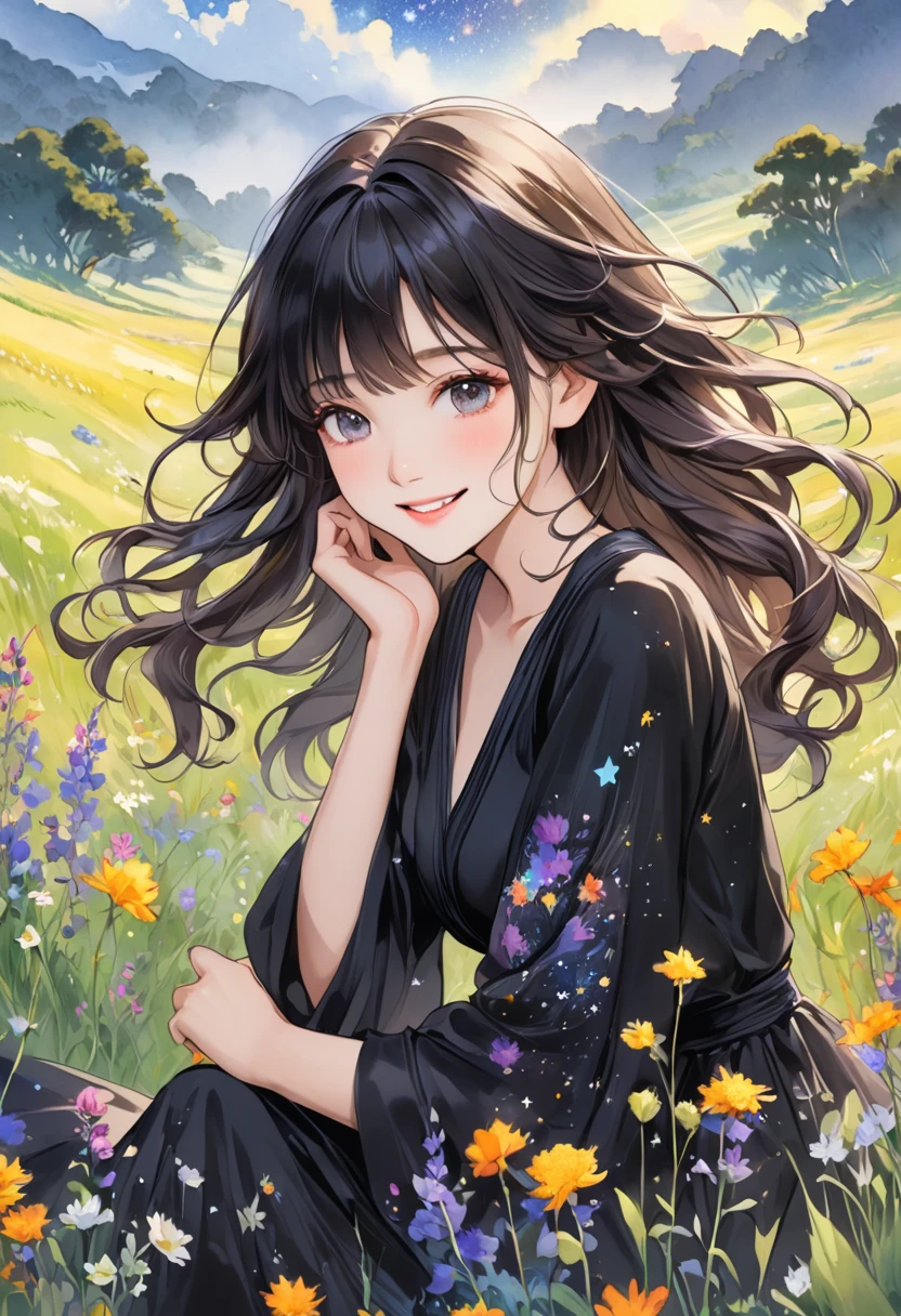   A fusion of ink painting and watercolor painting、 one young girl who can't see the stars、 Very beautiful and orderly face、best black gowns、 wavy hair、Visually beautiful depiction 、smile、grassland、Wildflowers、 bright color、masterpiece、 best quality 、 HD、 detailed illustration art 、