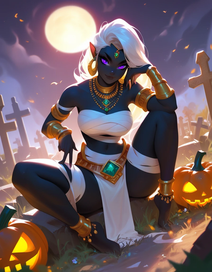 score_9, score_8_up, score_7_up, score_6_up, 1girl, jack-o'-lantern, sitting, between thighs, on thighs,holding, mummy costume, looking at viewer, graveyard, glowing, moon,silhouette, fog, QueenTyra, colored skin, black skin, white hair, purple eyes, no mouth, jewelry, makeup, forehead jewel, necklace, gem, loincloth, bracer, bracelet, Solo, Female
