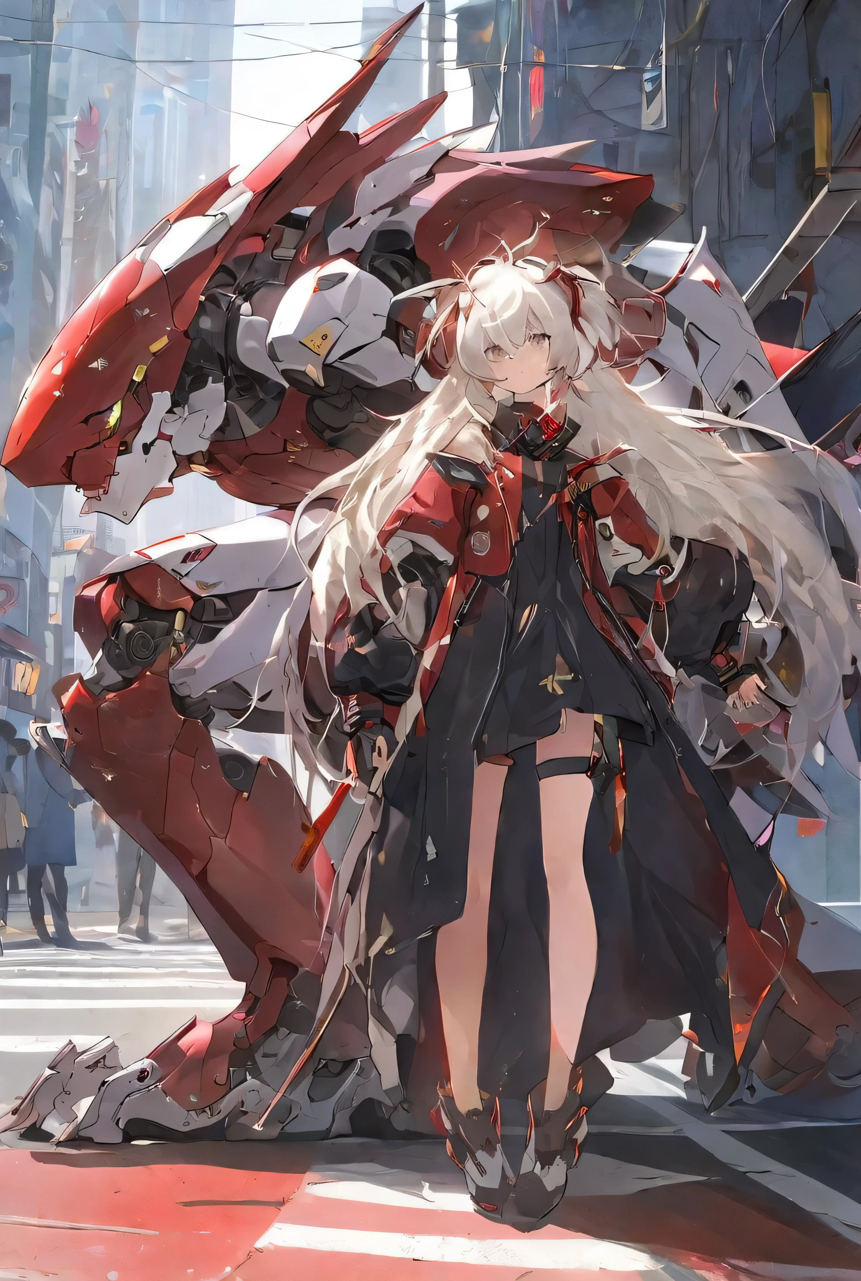 Anime, girl, white hair, solo, ((Mechs dressed in futuristic technology:1.5))，across the street，Whole body diagram，((in red:1.5))