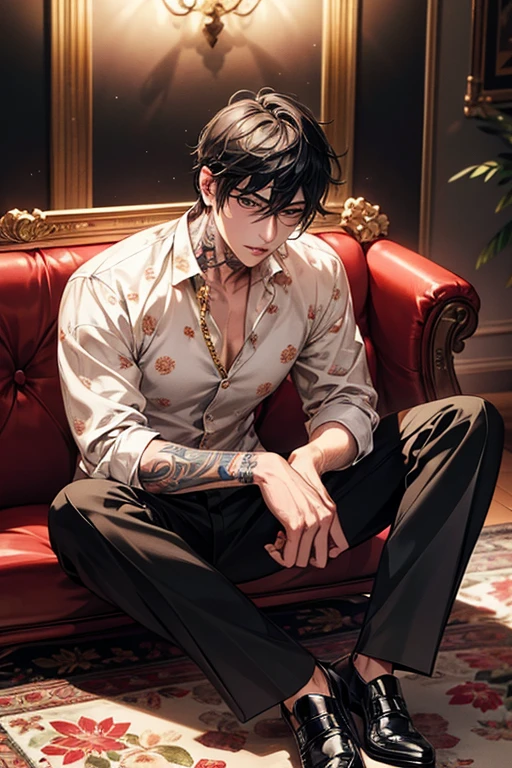 (masterpiece), best quality, seductive eyes, perfect face, handsome man, red eyes, short messy black hair, long nose, korean , full body, extremely tall man, long legs, long calves, anime cover, 1boy, ear piercings, hands in pockets, adult-like look, bad boy, the background is a library and he's looking at the book at the top while his hands are on his pockets