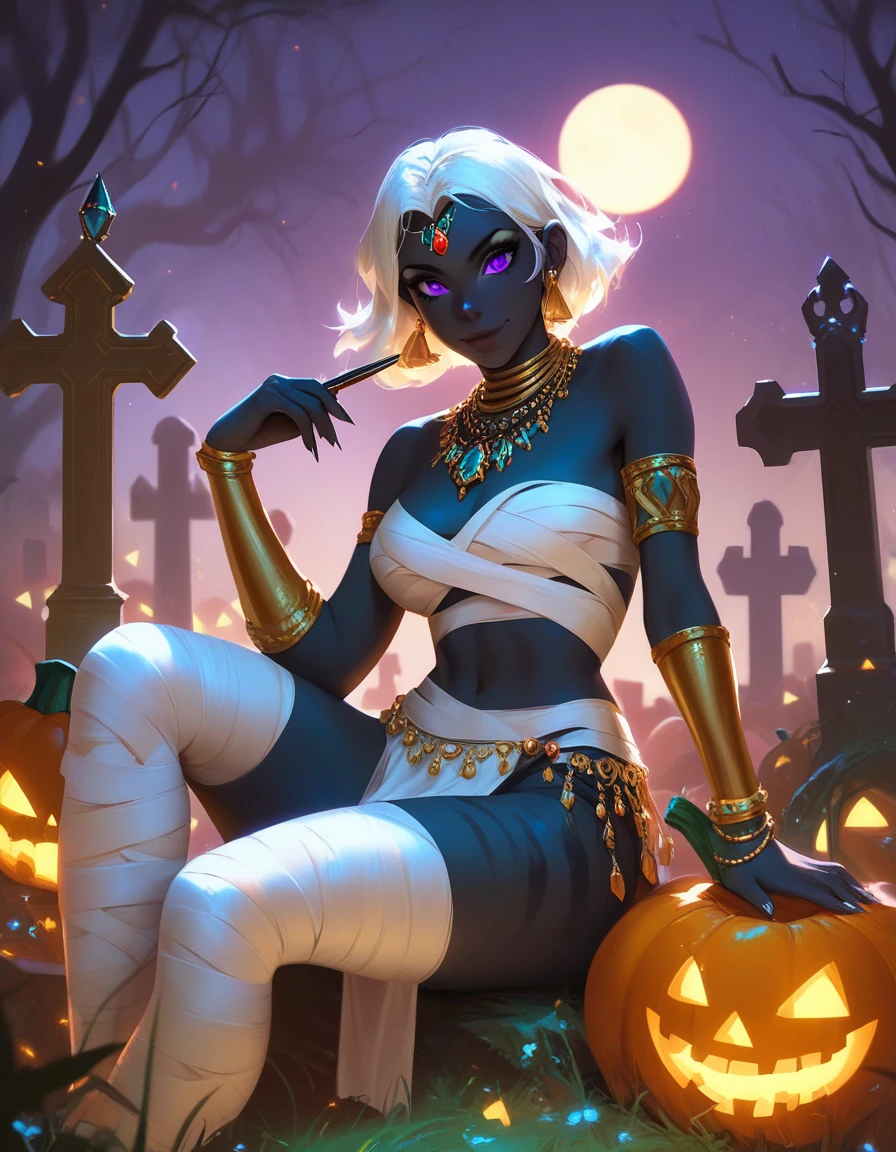 score_9, score_8_up, score_7_up, score_6_up, 1girl, jack-o'-lantern, sitting, between thighs, on thighs,holding, mummy costume, looking at viewer, graveyard, glowing, moon,silhouette, fog, QueenTyra, colored skin, black skin, white hair, purple eyes, no mouth, jewelry, makeup, forehead jewel, necklace, gem, loincloth, bracer, bracelet, Solo, Female
