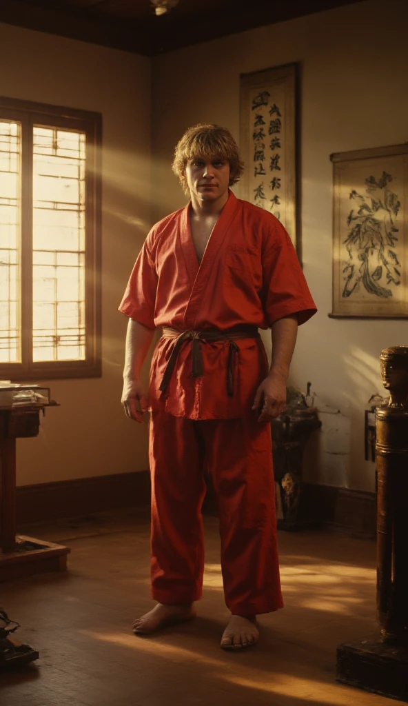 (best quality, 128k,highres,masterpiece:1.2),ultra-detailed,(realistic,photorealistic,photo-realistic:1.37), ((masterpiece)) ((photography)) ((Highest quality)) A hyper-realistic depiction of Ken Masters from Street Fighter, set in a retro Californian dojo. He is wearing his signature red karate gi, slightly worn, and tied loosely to reveal his muscular chest. His blond hair falls messily over his face, and his fiery confidence is reflected in his smirk. Ken stands in front of an old wooden training dummy and traditional Japanese calligraphy scrolls hanging on the wall. The warm sunlight streams through paper-paneled windows, casting dramatic shadows. The atmosphere is both disciplined and fiery, evoking his passionate fighting spirit.