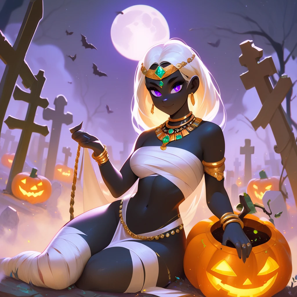 score_9, score_8_up, score_7_up, score_6_up, 1girl, jack-o'-lantern, sitting, between thighs, on thighs,holding, mummy costume, looking at viewer, graveyard, glowing, moon,silhouette, fog, QueenTyra, colored skin, black skin, white hair, purple eyes, no mouth, jewelry, makeup, forehead jewel, necklace, gem, loincloth, bracer, bracelet, Solo, Female
