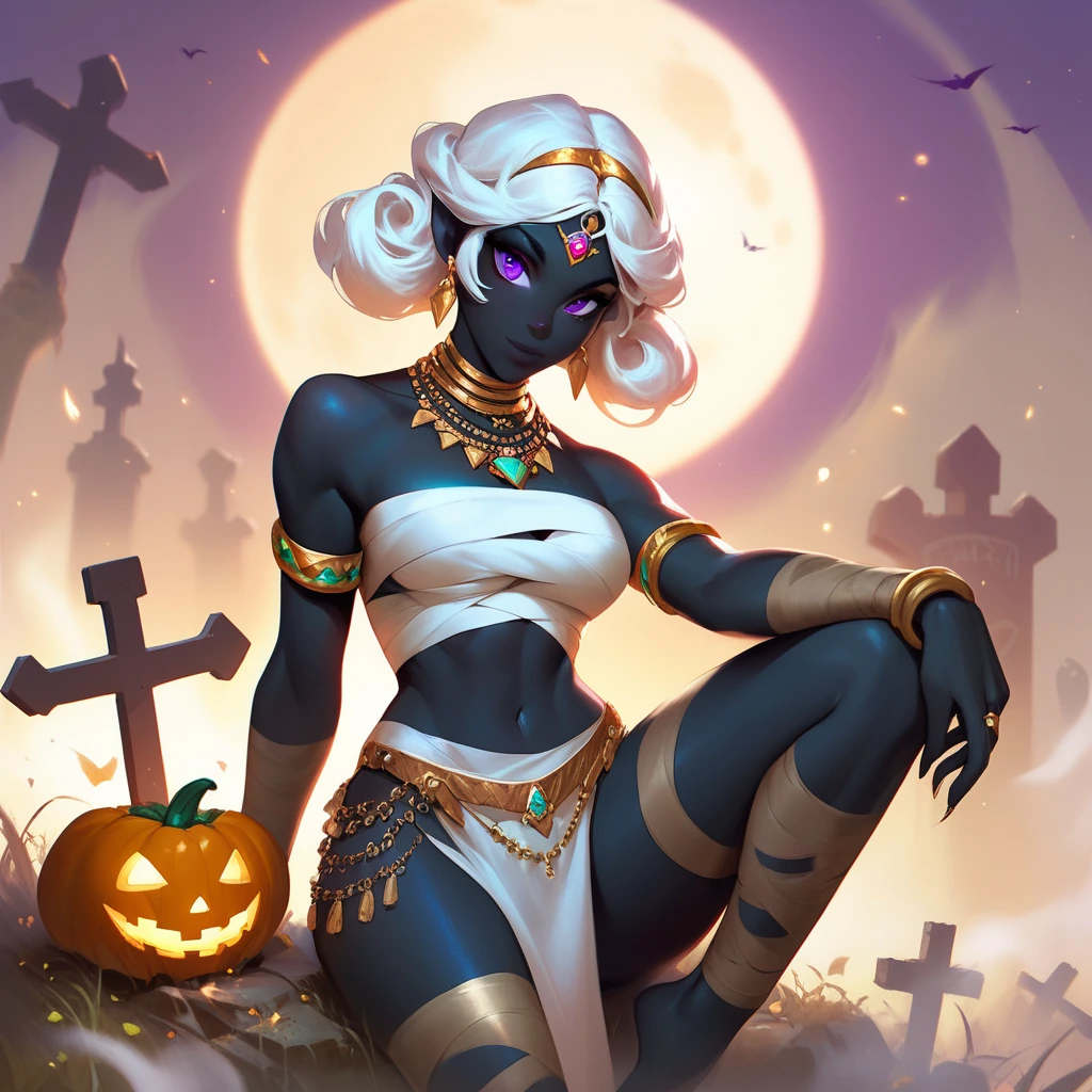 score_9, score_8_up, score_7_up, score_6_up, 1girl, jack-o'-lantern, sitting, between thighs, on thighs,holding, mummy costume, looking at viewer, graveyard, glowing, moon,silhouette, fog, QueenTyra, colored skin, black skin, white hair, purple eyes, no mouth, jewelry, makeup, forehead jewel, necklace, gem, loincloth, bracer, bracelet, Solo, Female
