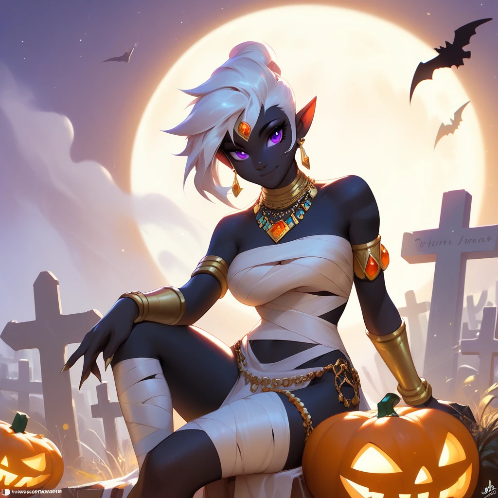 score_9, score_8_up, score_7_up, score_6_up, 1girl, jack-o'-lantern, sitting, between thighs, on thighs,holding, mummy costume, looking at viewer, graveyard, glowing, moon,silhouette, fog, QueenTyra, colored skin, black skin, white hair, purple eyes, no mouth, jewelry, makeup, forehead jewel, necklace, gem, loincloth, bracer, bracelet, Solo, Female
