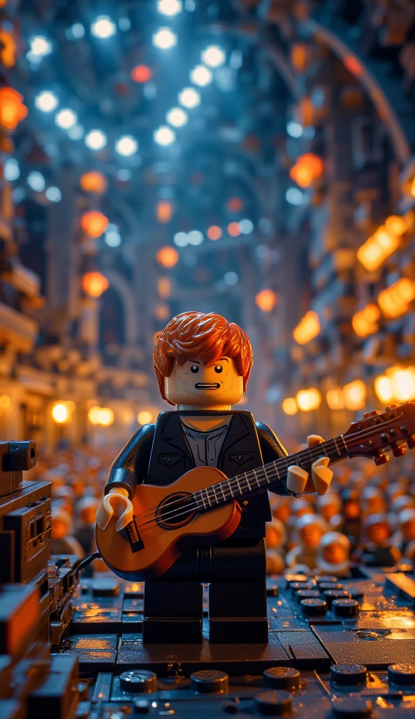 lego style, a cinematic shot of the singer Ed Sheeran. He is singing and playing the guitar on a large, illuminated stage at a show with a packed audience.