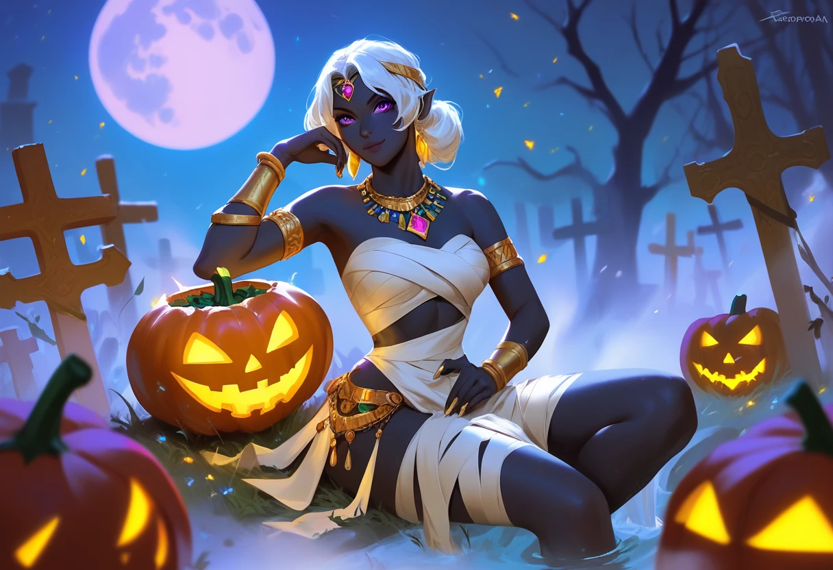 score_9, score_8_up, score_7_up, score_6_up, 1girl, jack-o'-lantern, sitting, between thighs, on thighs,holding, mummy costume, looking at viewer, graveyard, glowing, moon,silhouette, fog, QueenTyra, colored skin, black skin, white hair, purple eyes, no mouth, jewelry, makeup, forehead jewel, necklace, gem, loincloth, bracer, bracelet, Solo, Female
