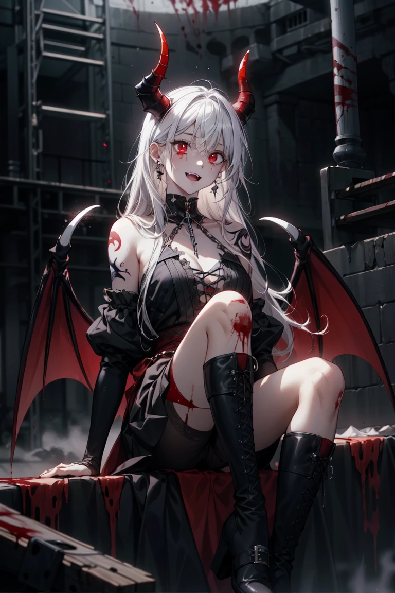 masterpiece,1girl,solo,cat ears,twintails, hair over one eye, demon_wings,small breasts, blue_eyes, blush,open mouth, low wings, torn legwear, (kneeling:1.3),bound arms, ((bondage)),shibari,rope,(arms behind back:1.4),indoors,