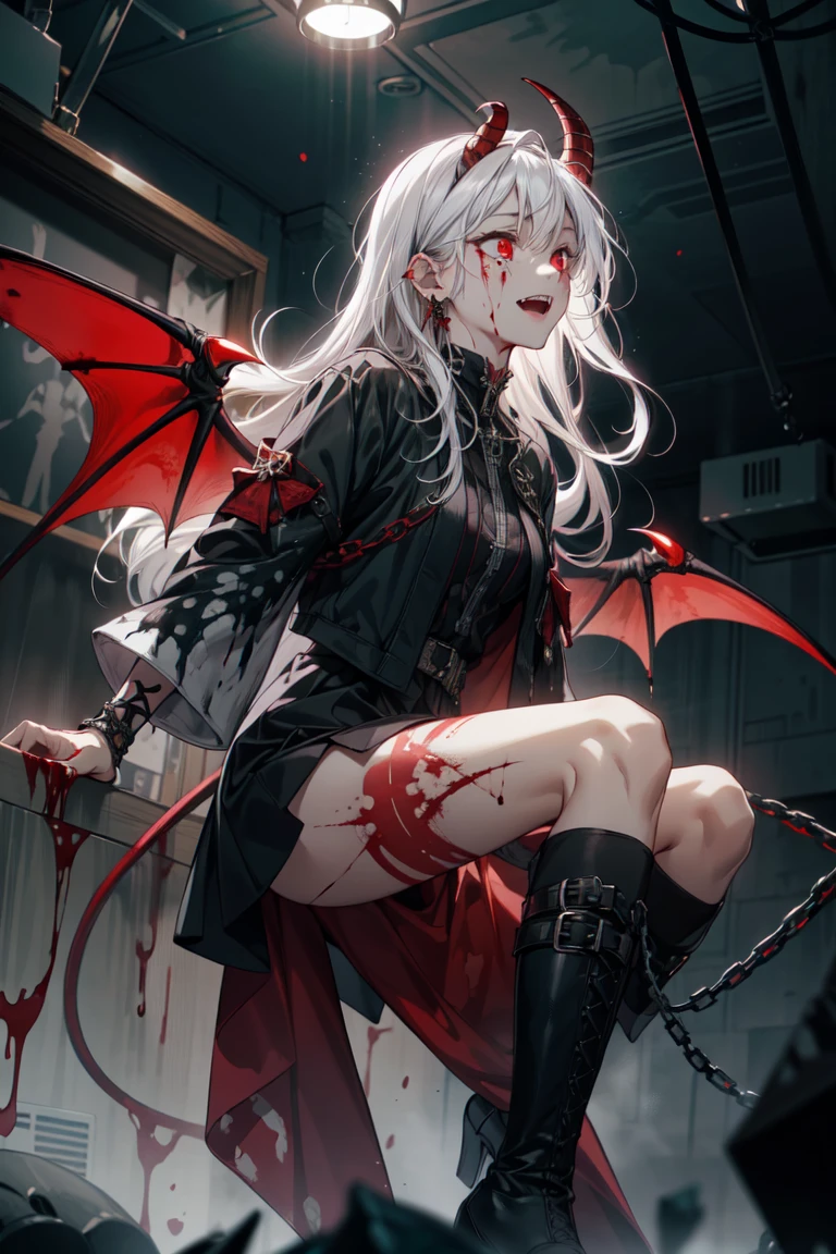 (Ashenhardt style:1.4), Masterpiece, Best quality, High quality,(Red eyes with dark red glow), (in profile), Abstraction, Deep Sea, Award-winning photography, Depth of field, HDR, Very detailed, Trending in art station, Trending in CGsociety, Complex, High detail,(Masterpiece: 1.2, highest quality), (Best lighting, very delicate and beautiful), (Best lighting, Very delicate and beautiful), (beautiful detailed face), (detailed eyes and detailed face:1.2), dark fantasy, (young girl, more than one girls, crazy smile, pale skin,G cup,cleavage,19 piercings,((tattoo all over body,tribal tattoo all over foot)) gray hair, red glowing eyes, dynamic angle, vampire), ((back art paint on the ground, pointy_ears, fangs, blood on face, blood rain, blood mist, (depth of field),high contrast,(blood splash:1.4),cowboy shot,full body, colorful poses,((Uniform,Blazer,Ruffled miniskirt,Light colored panties:1)),Cowboy shot,Denim jacket, really short clothes, NSFW