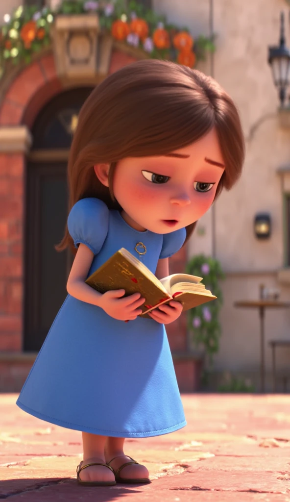  The next day , clara,   with short and straight hair , Wearing a cute blue dress ,  took Lumino the enchanted book to the square.  The ren gathered to hear the incredible adventures of the talking book,  that soon became famous in the city .