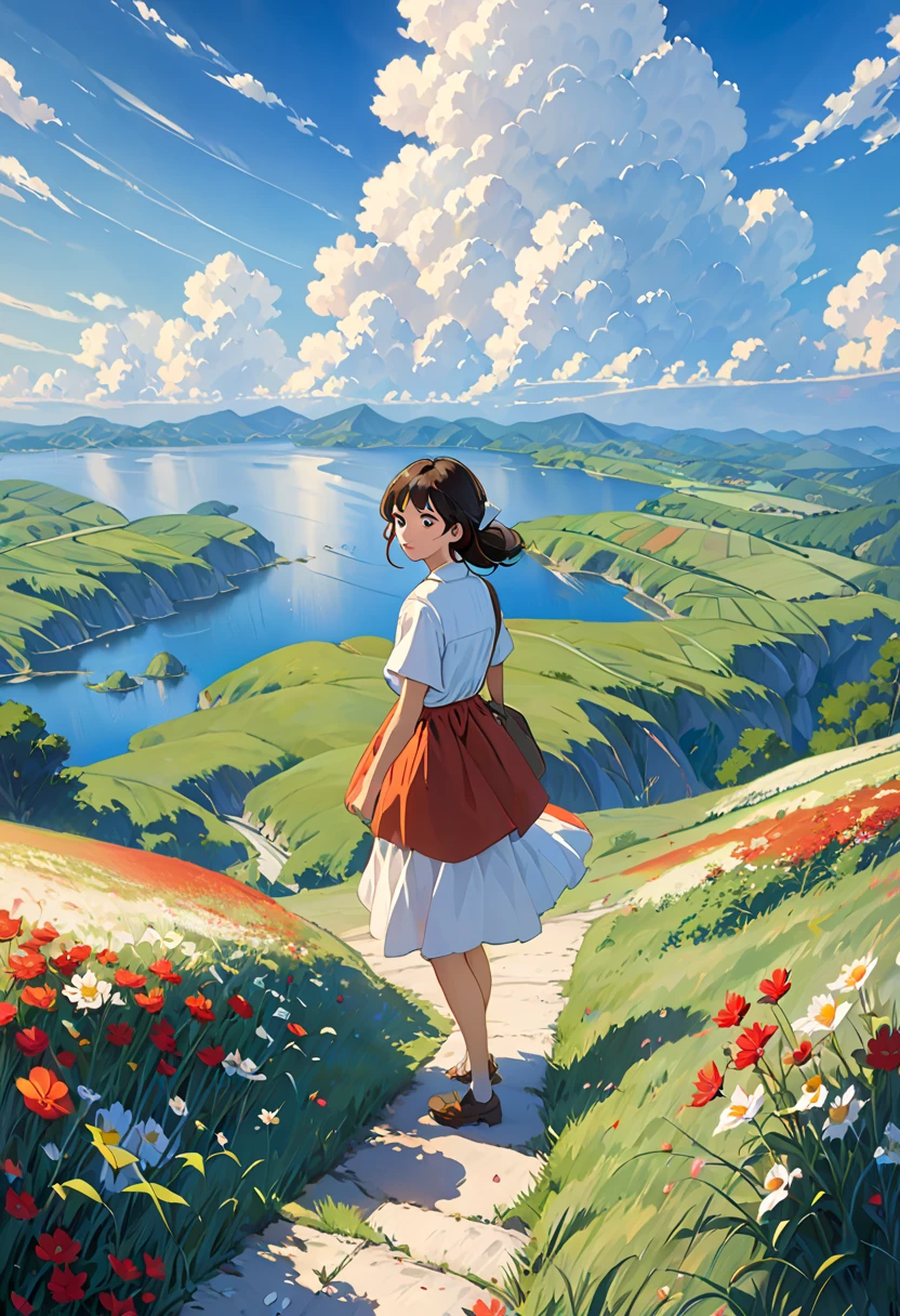  realistic, Genuine,  beautiful and wonderful landscape oil painting studio Ghibli Miyazaki Hayao&#39;Blue sky and white clouds petal grassland