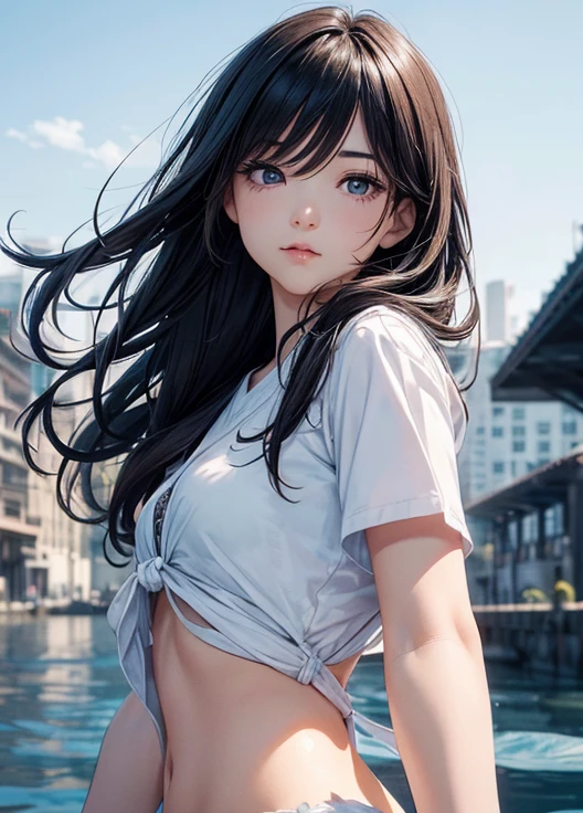 Cute Thai girl with shoulder-length dark shaded hair, blue eyes, He is wearing a tight fitting white shirt with a low neckline. (Bust 38 inches), slim fit light blue jeans, Sitting on a bed with a sliding glass door behind, Beach view.

(Highest quality,4K,8K,High resolution,masterpiece:1.2), Super detailed, (Realistic,photoRealistic,photo-Realistic:1.37), High resolution, 超High resolution, Studio Lighting, Very detailed explanation, Professional, Vibrant colors, Bokeh, Portraiture, Beach Color.