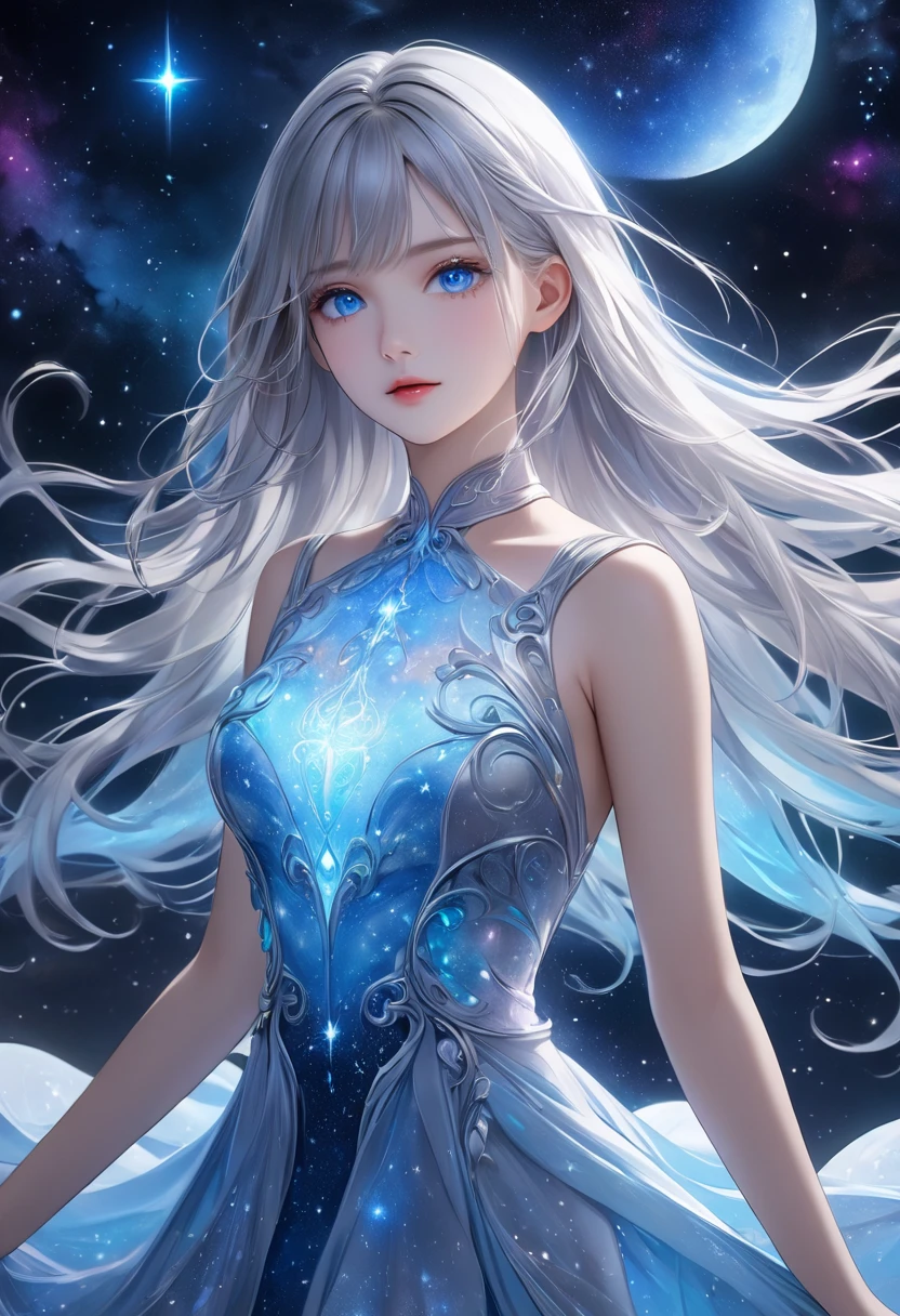  (Masterpiece, 8k,   High Quality ,   high definition), (  perfect anatomy), (  1 girl),  long silvery hair ,  beautiful,  beautiful blue eyes, (Bioluminescent Dress),   fantastic and dreamy theme ,   Mysterious Atmosphere ,  amazing sight, Vast Universe,  Starlight , nebula, 十字 Starlight , Mysterious digital art,   Silver Moon  ,   detailed illustrated art  , 