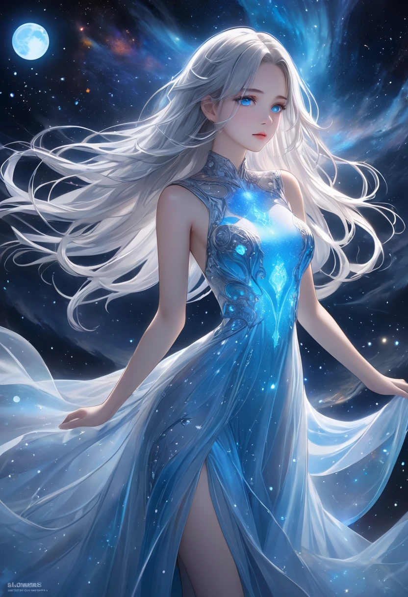  (Masterpiece, 8k,   High Quality ,   high definition), (  perfect anatomy), (  1 girl),  long silvery hair ,  beautiful,  beautiful blue eyes, (Bioluminescent Dress),   fantastic and dreamy theme ,   Mysterious Atmosphere ,  amazing sight, Vast Universe,  Starlight , nebula, 十字 Starlight , Mysterious digital art,   Silver Moon  ,   detailed illustrated art  , 