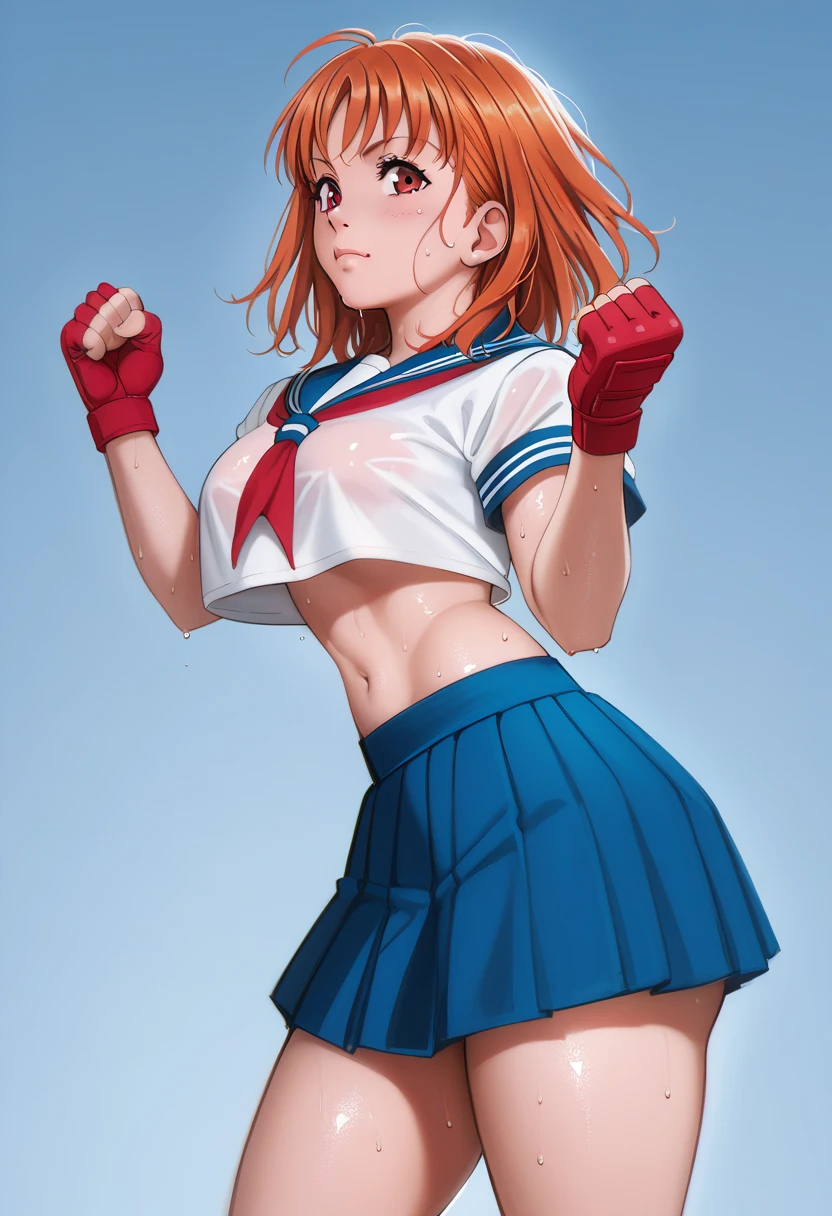 Solo,1girl, takami chika, medium hair, orange hair, red eyes,standing, sporty athletic build, confident pose, big breasts, breasts outlines, score_9, score_8_up, score_7_up, score_6_up,blue skirt, crop top, midriff, miniskirt, navel, sailor , school uniform, short sleeves, skirt, stomach, shirt, white shirt, red fingerless gloves,sweating, detailed body, shiny skin , p4l0m4, web comic,toned thighs, posing, simple background, clenched hands, slightly from side