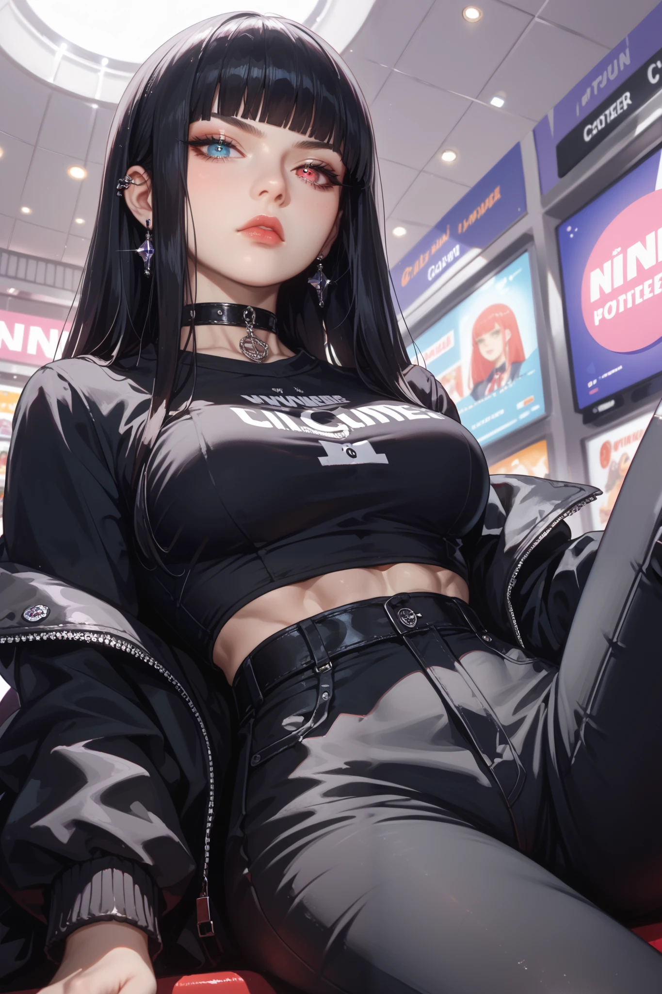 1Girl early twenties, black hair with a Hime Cut, light fair skin, with round eyes, Heterochromia, serious expression. Mall goth outfit with pants and with a black plain choker on her neck, slightly lanky and toned body. Medium size breasts. Her sitting in a club booth with Dim lighting with a purple hue and with one of her legs crossed over the other, 3/4 pose. Low view camera (-45 degree angle). Niji style. High Resolution, Masterpiece, Anatomically Correct. 35mm, Nikon, Bloom. 