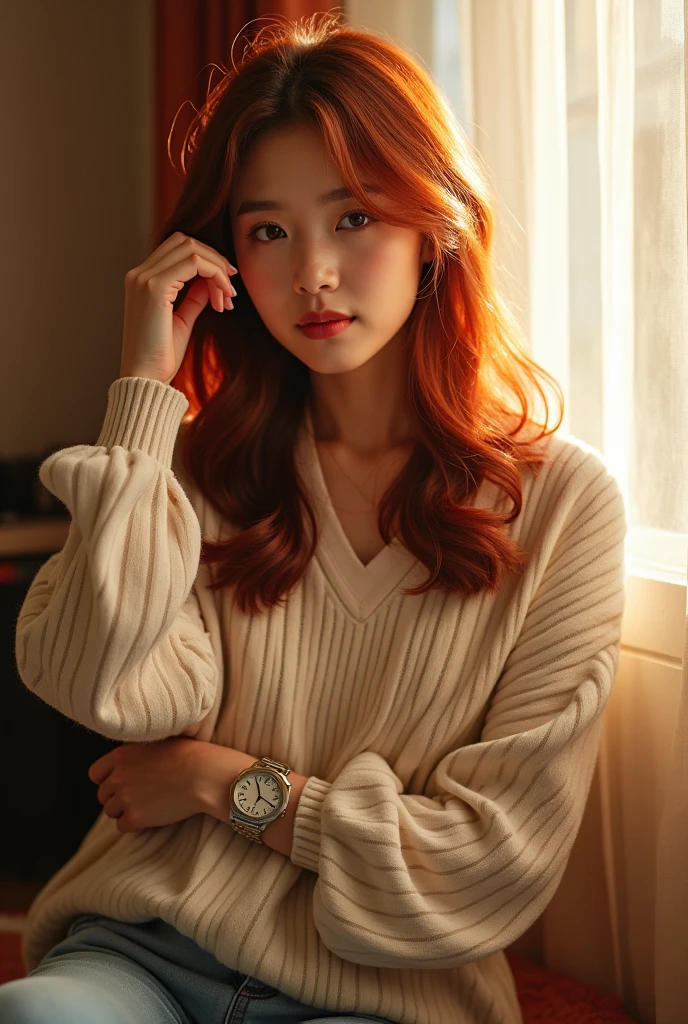 (25-year-old red-haired girl:1,2), dark room, makeup, graphic eyeliner, blush, realistic skin texture, more details, skin texture, detal huge oversize bardic sweater, warm lighting, cozy atmosphere, happy face, with a cup of coffee, a little steam from coffee, sitting on a fluffy sofa, her feet in warm golfs protrude from under her sweater and stand on the couch, hugged her knees under sweater with her hands, muted lighting tones, late evening, light from a floor lamp, improved rendering of facial features, post-processing