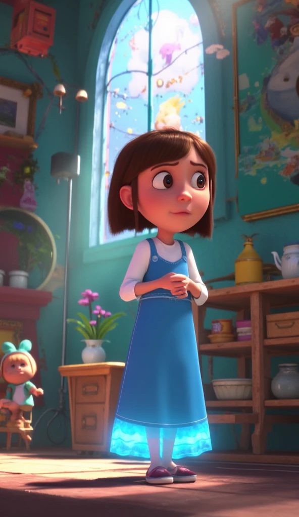 When Lumino returned to being an ordinary book , clara,   with short and straight hair in a cute blue dress, Did you notice that he left something special :  the inspiration to create new stories and spread the magic.