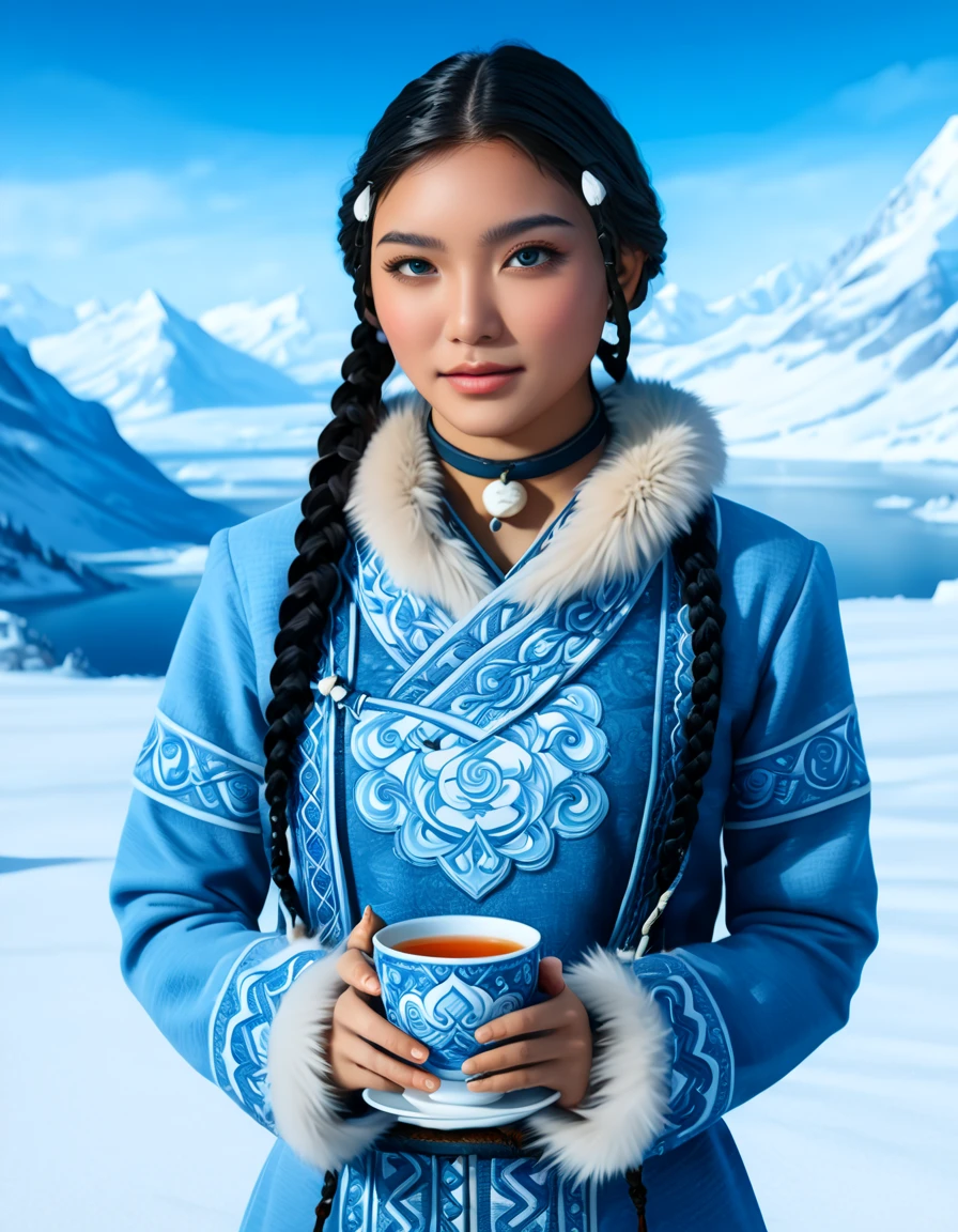 1 woman, Katara from Avatar: The Last Airbender, highly detailed, realistic, full-body portrait, ((anime style)), (tools: tea cup, traditional waterbender artifacts), ((home setting, North Pole, snowy environment, snow-covered mountains, winter weather, water), standing confidently), (illustration by Artgerm, with a sense of realism:1.4), (perfect lighting, cinematic, lens flare, high contrast), (highlighted collar with intricate details), (((blue eyes:1.3))), ((dark skin:1.8, glowing in winter light)), (realistic textures, perfect anatomy), ((almond-shaped eyes reflecting Asian influences, vibrant blue, highly detailed, sparkling)), ((braids in the front, long lower braid, perfectly styled)), (detailed face, oval face, symmetrical facial features, seductive expression), ((Peach breasts)), ((heart-shaped butt)), ((thick thighs:1.2)), ((big ass)), ((cleavage)), (she’s sitting, enjoying tea in a traditional setting), (highly detailed background:1.2, snow-covered landscape with a clear sky, icy mountains, intricate home decor in the North Pole), (masterpiece illustration, high-quality details:1.4), (perfect body structure, realistic and symmetrical), (perfect hands, fingers, legs, feet, highly detailed), (amazing lighting, 3-point lighting setup, soft shadows), (close-up:1.2), (custom modern and sophisticated design, UHD, realistic textures), ((tribal water tribe clothing with fur dress)), ((depth of field: average, f/2.0)), ((camera angle: 3/4 view, 24mm wide-angle lens)), (high-definition portrait with stunning details). --ar 4:5