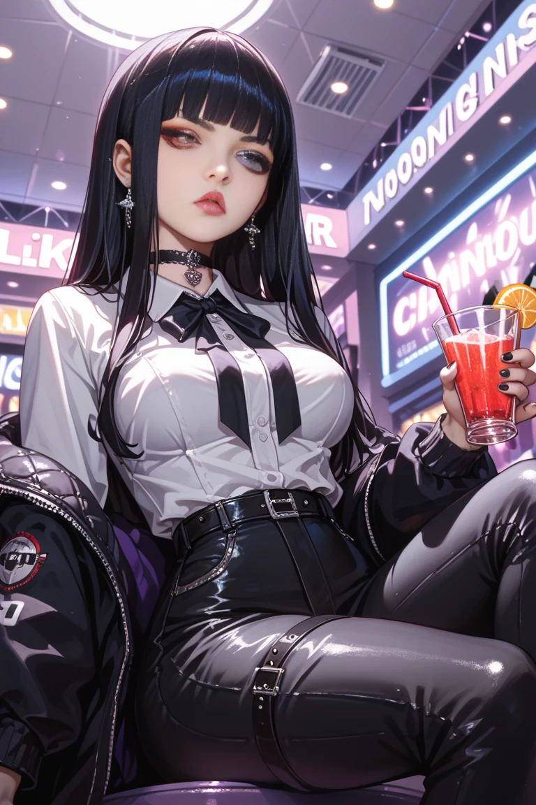 1Girl early twenties, black hair with a Hime Cut, light fair skin, with round eyes, Heterochromia, serious expression. Mall goth outfit with pants and with a black plain choker on her neck, slightly lanky body. Medium size breasts. She is in a dance/drink nightclub. She is sitting in a club booth with dim lighting lighting the lights are purple and she has one of her legs crossed over the other, 3/4 pose. Low view camera (-45 degree angle). Niji style. High Resolution, Masterpiece, Anatomically Correct. 35mm, Nikon, Bloom. 