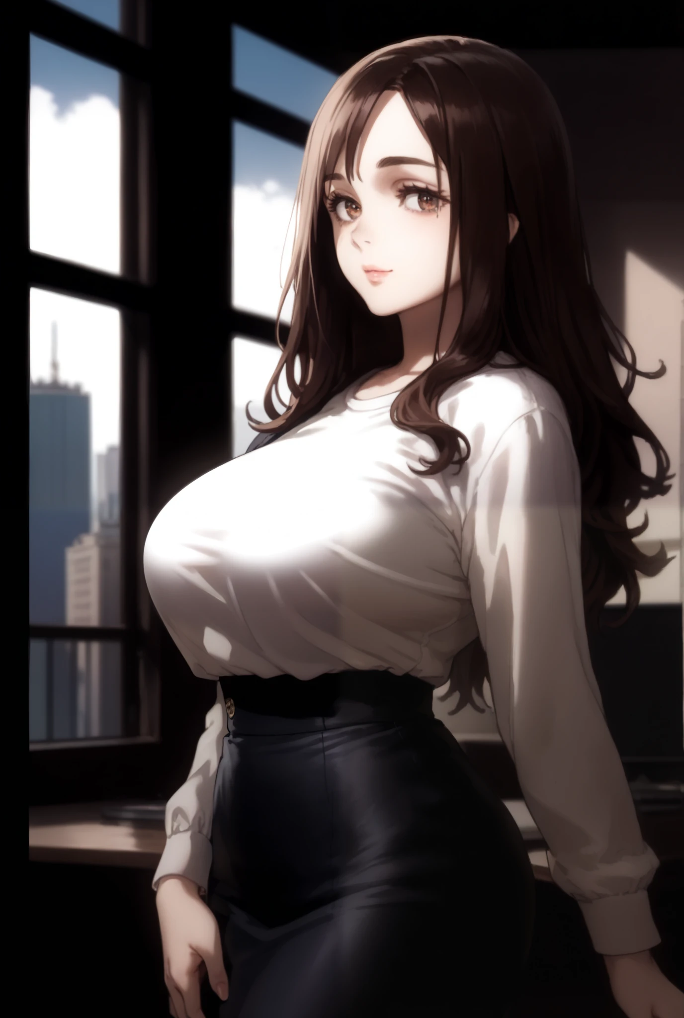 1girl solo, long straight brown hair  ,  brown eyes , loose hair,  cozy room with large windows that overlook the city  , big breasts small waist and large hips .  That you are wearing a white shirt and a short black skirt ,  High resolution,  masterpiece,  The best quality, Detail,  high quality, muy detallado, 