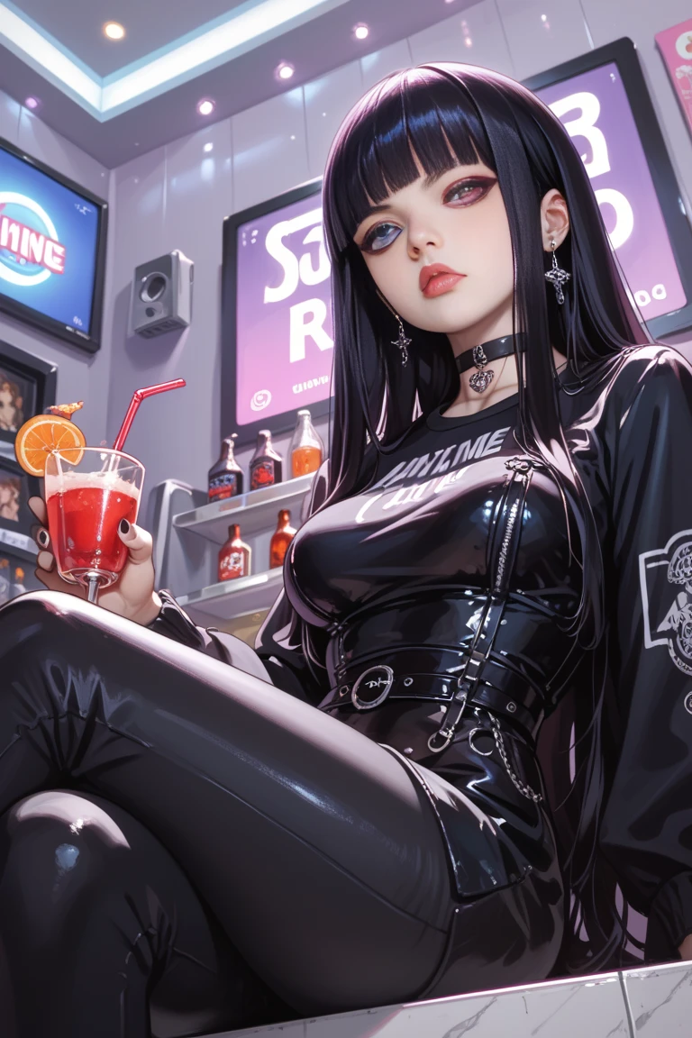 1Girl early twenties, black hair with a Hime Cut, light fair skin, with round eyes, Heterochromia, serious expression. Mall goth outfit with pants and with a black plain choker on her neck, slightly lanky body. Medium size breasts. She is in a dance/drink nightclub that is dimly lit with a dark purple light. She is sitting in a booth with one of her legs crossed over the other, 3/4 pose. Low view camera (-45 degree angle). Niji style. High Resolution, Masterpiece, Anatomically Correct. 35mm, Nikon, Bloom. 